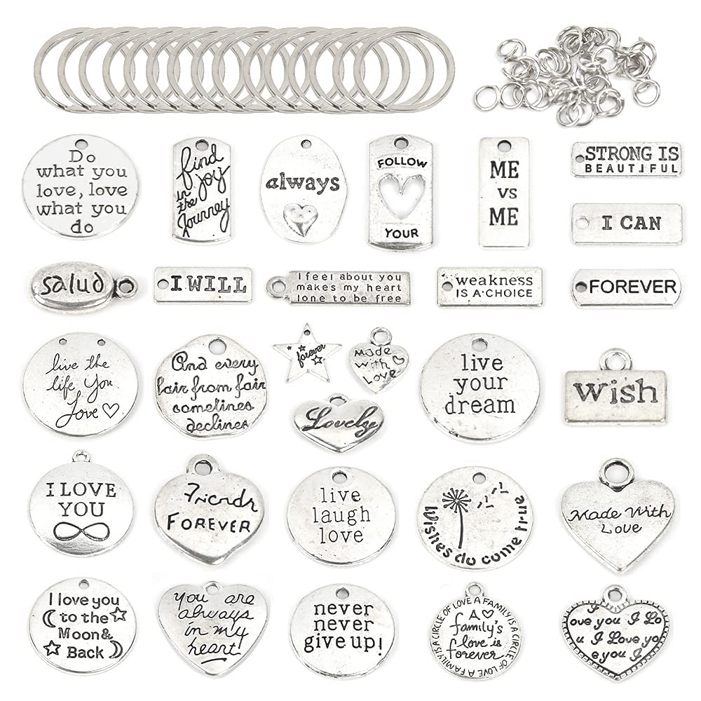 Motivational Charms, 259 Pieces DIY Key Chain and Charm, Engraved Motivational Charm Pendants Inspirational Words Charms with Open Jump Rings Key Rings for DIY Craft Jewelry Making