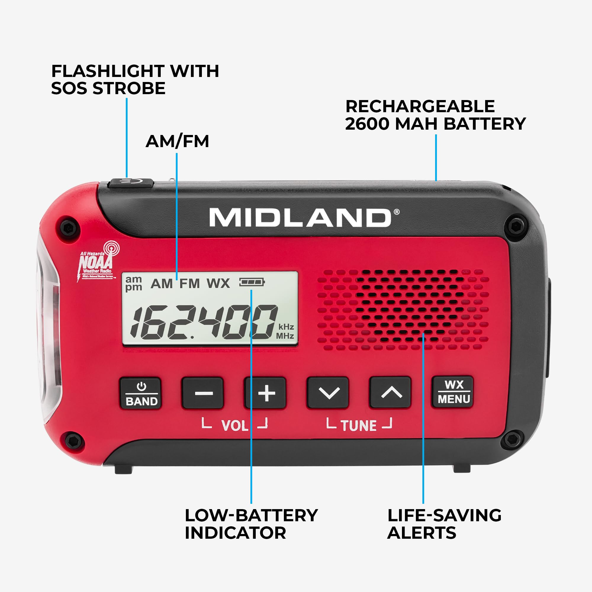 Midland® - Radio météo ER10VP avec lampe de poche et alerte d'urgence - Radio AM/FM - Compacte et facile à transporter - Signal SOS stroboscopique et prise casque