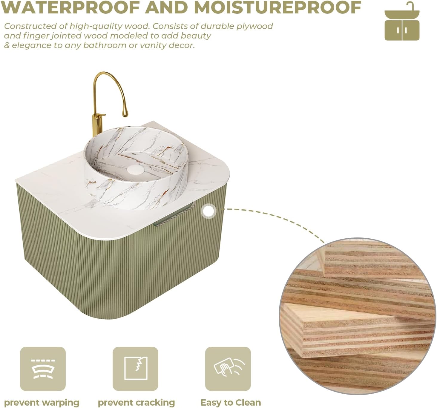 LKTART 24 Inch Floating Bathroom Vanity with Sink, Modern Wall Mounted Bathroom Storage Cabinet with Drawer, Stone Pattern Round White Ceramic Sink Top and Marble Texture Top, Green