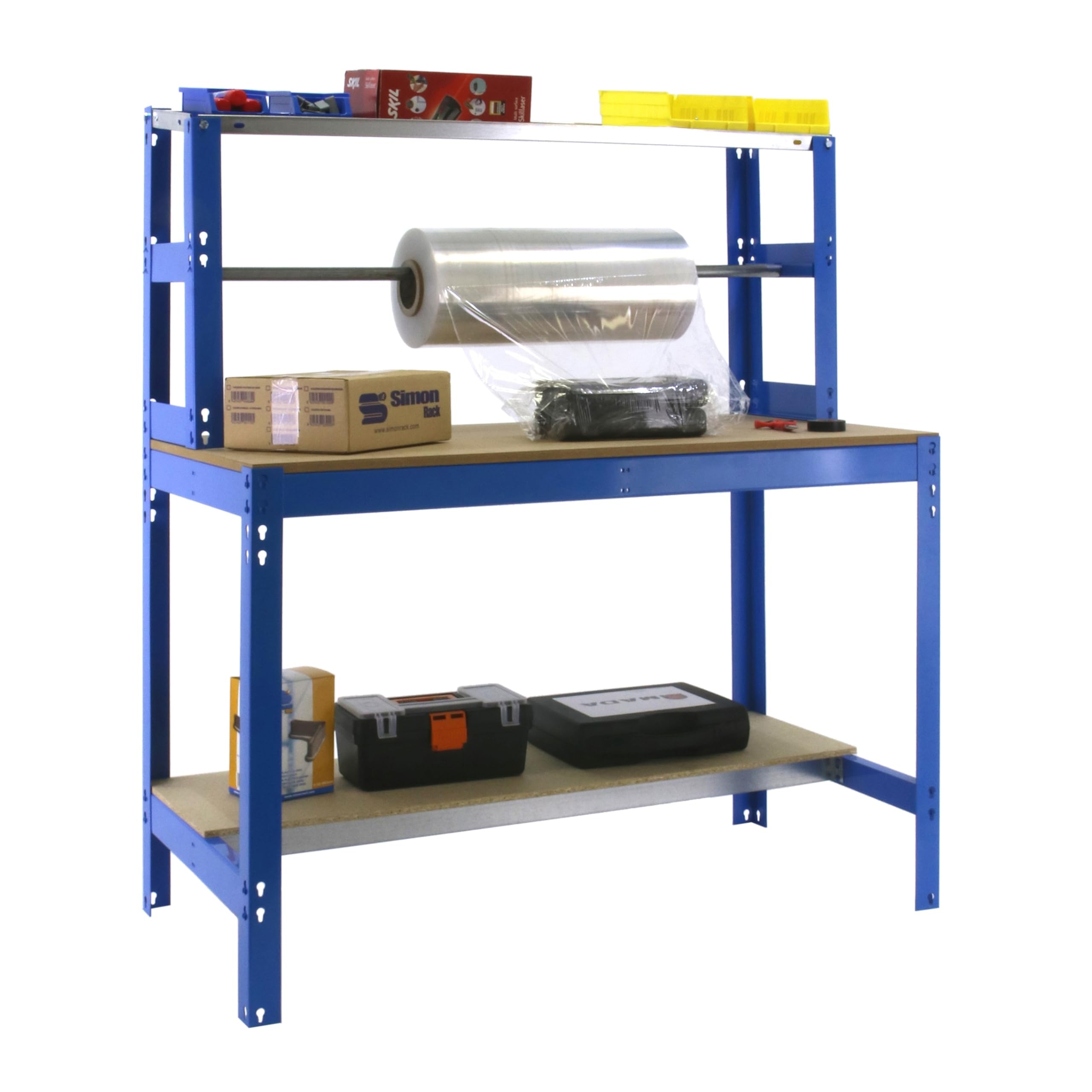 Simon Rack Banco de Trabajo Taller, Capacidad Carga 400 kg, 1445x910x760 mm, Mesa de Trabajo, Azul/​Madera - BT4