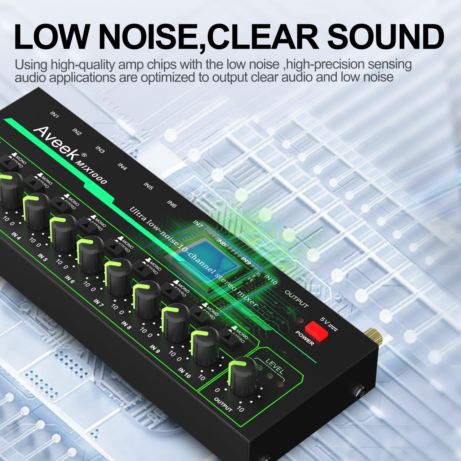Aveek Mini liniowy mikser audio – 10-kanałowy mały mikser dźwięku z przełączaniem stereo/mono i cichą pracą dla precyzyjnego sub-miksowania, wejście/wyjście TRS 1/10.2 cm, idealny do mikrofonów,