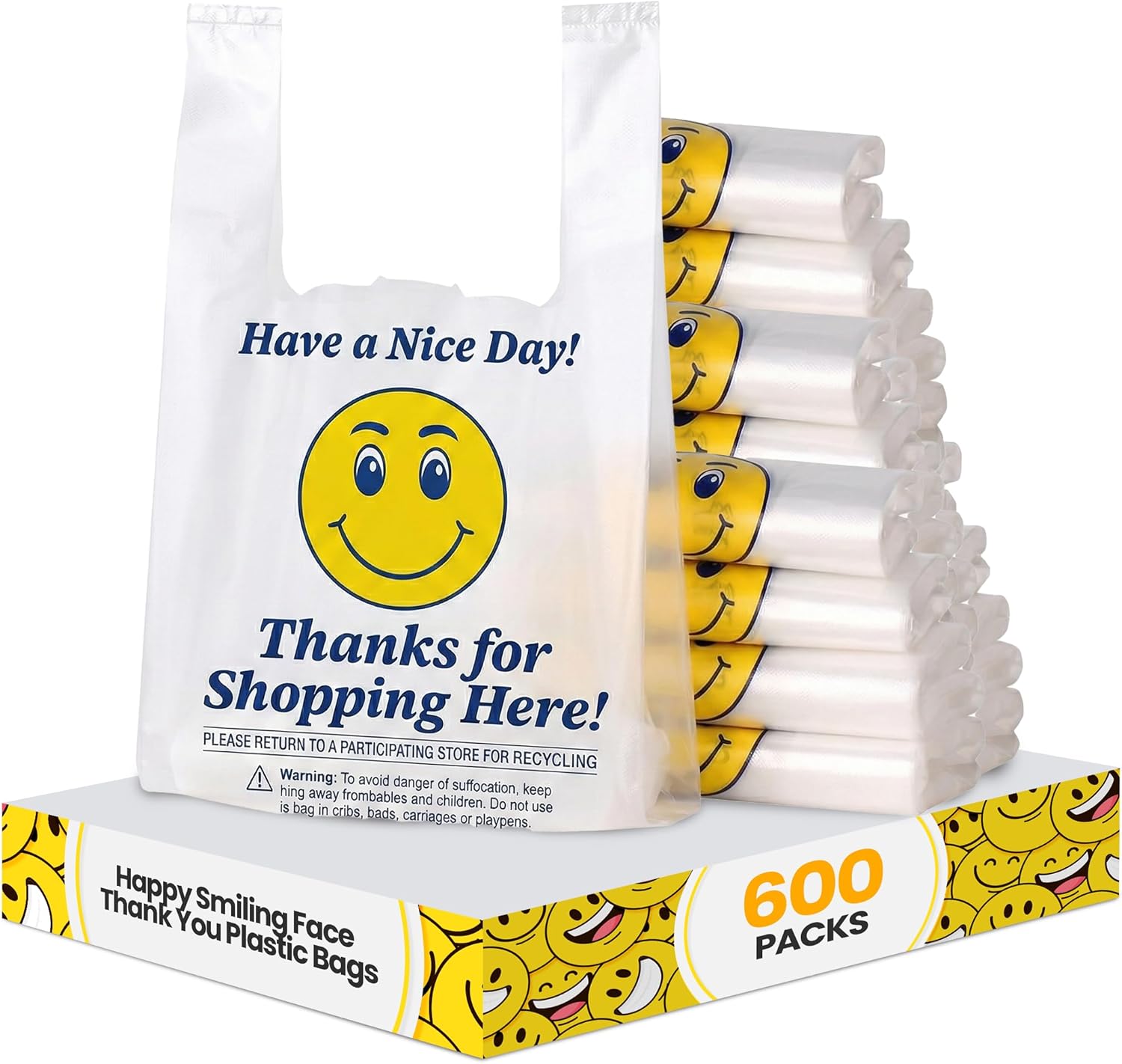 Happy Smiling Face Thank You Plastic Bags | 17.5" x 11" x 6" For Small Business, Retail, Grocery (1/8 Size),Take Out