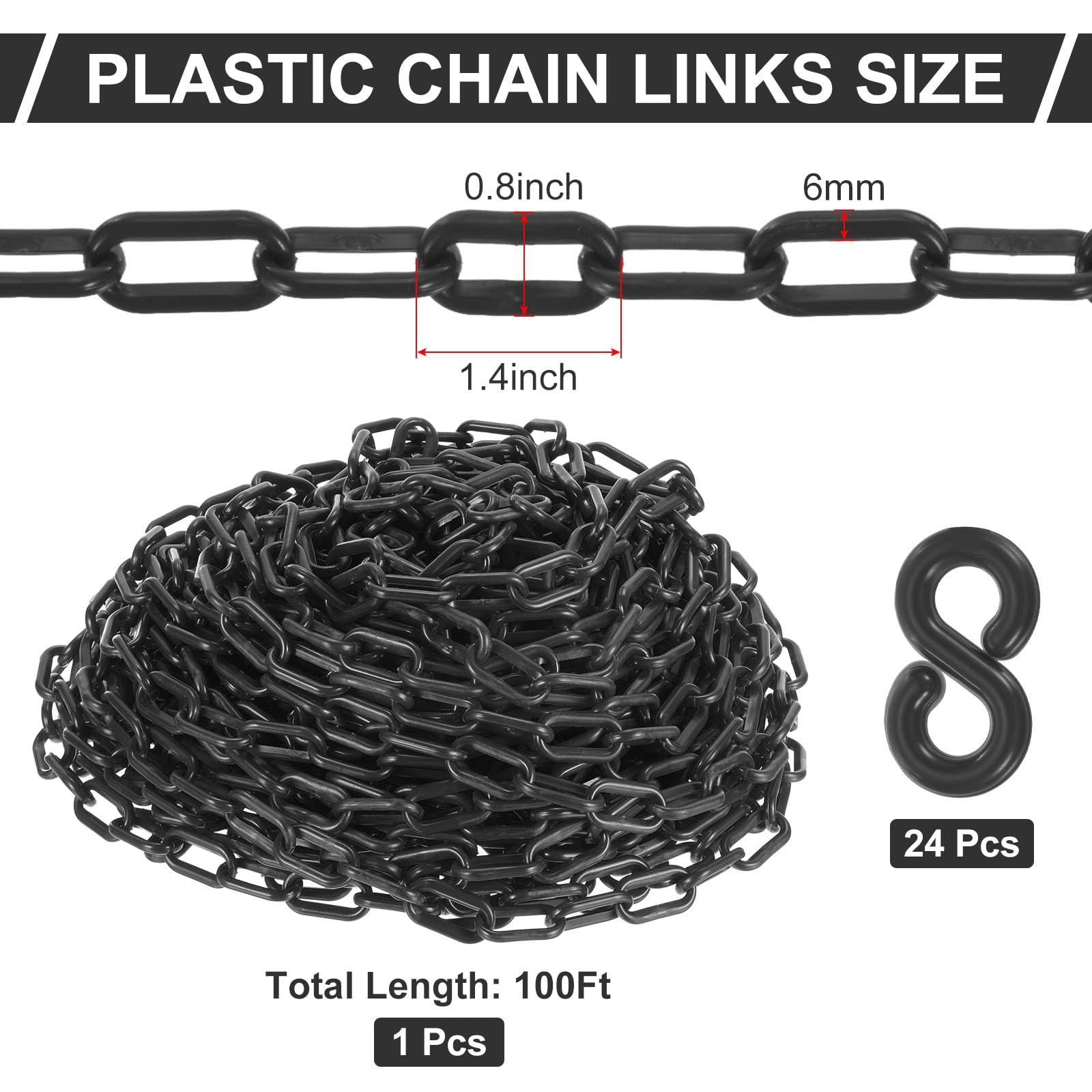 PATIKIL 30,5m Absperrkette Kunststoff mit 24 Kettenglieder Warnkette Plastikkette Sicherheitskette Plastik Dekorationskette von Flächen stabil für Absperrung, Schwarz