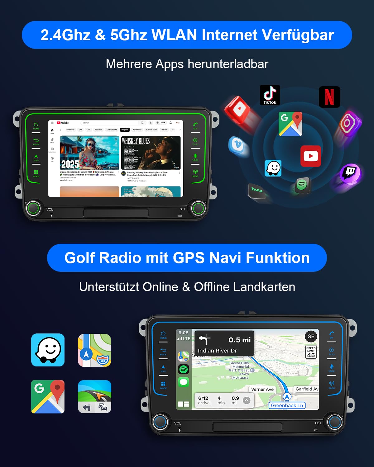 Autoradio mit Bildschirm für VW Golf 5 6 T5 Passat Polo 6R Tiguan Seat Skoda, 7 Zoll VW Caddy Radio 2Din mit Apple CarPlay Android Auto Mirrorlink DAB+ Navi Bluetooth WLAN Canbus GPS 8-Kern 4+64GB