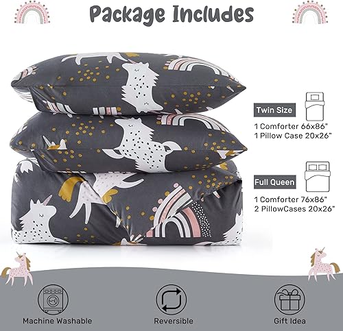 Miniatura 6 de HollyHOME Juego de edredón de 2 piezas tamaño individual para adolescentes y niñas, juego de ropa de cama de unicornio rosa y arcoíris, 66 x 86