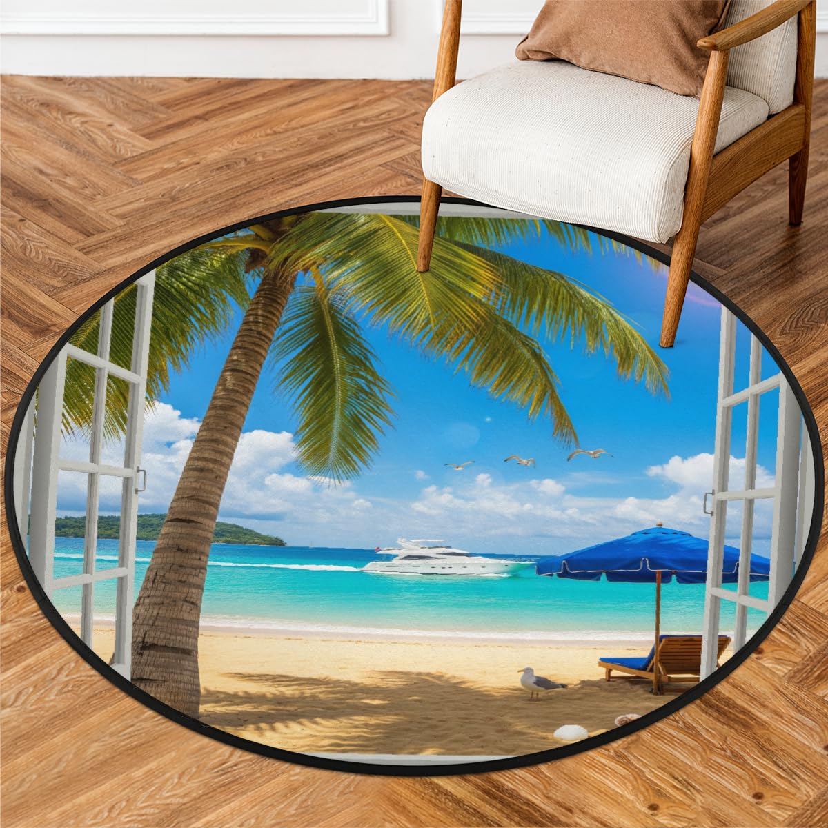 Tapis rond lavable de 90 cm antidérapant motif plage tropicale pour salon et chambre
