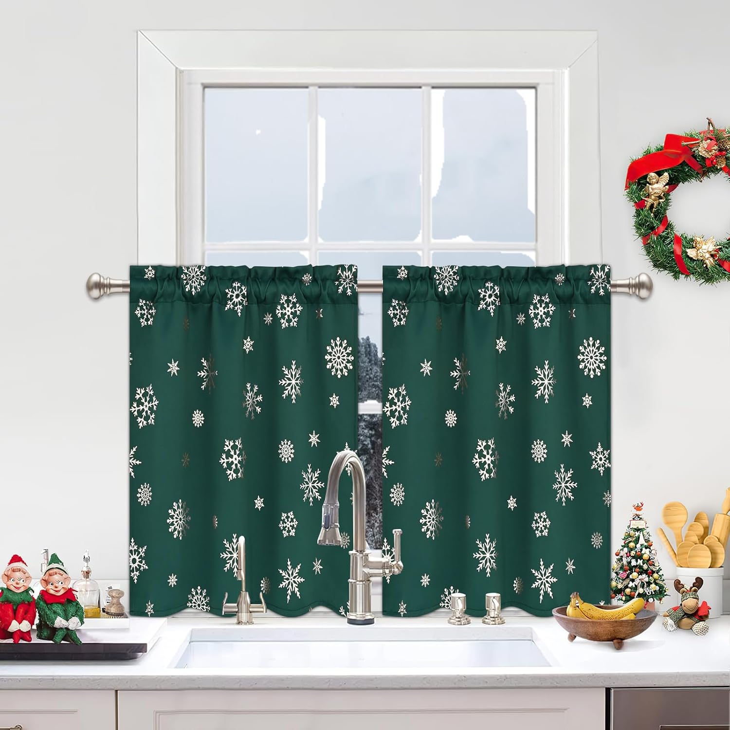 FRAMICS Christmas Kitchen Curtains, Snowflake Foil Print
