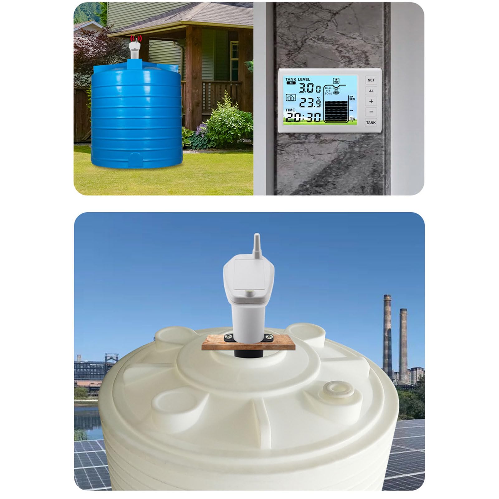 Ultraschall-Füllstandssensor, Kabelloser Wassertank-Tiefenmesser mit LCD-Anzeige und Temperatur-/Zeitanzeige für die Wasserversorgung Im Innen- und Außenbereich