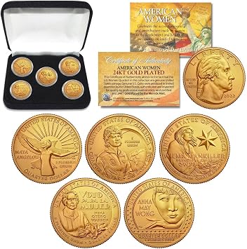 2022 24K Gold American Women Quarters U.S. مجموعة كاملة من 5 عملات معدنية في كبسولات مع صندوق عرض