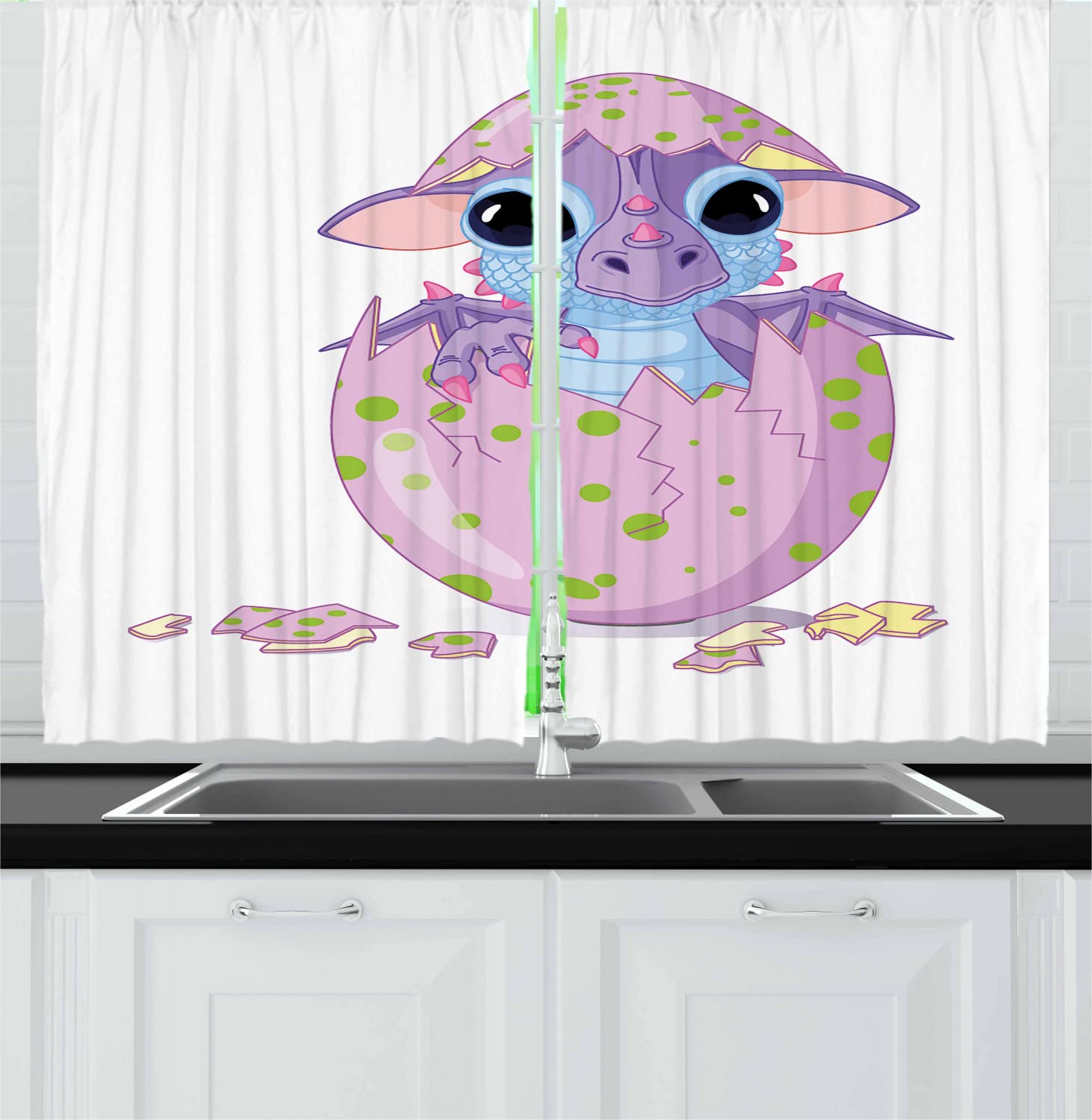 Lunarable Cartoon Long Kitchen Curtains, Dragon Hatched from Egg Mythological Monster, 2 Panel Set Drapes with Rod Pocket Room Decor, 55
