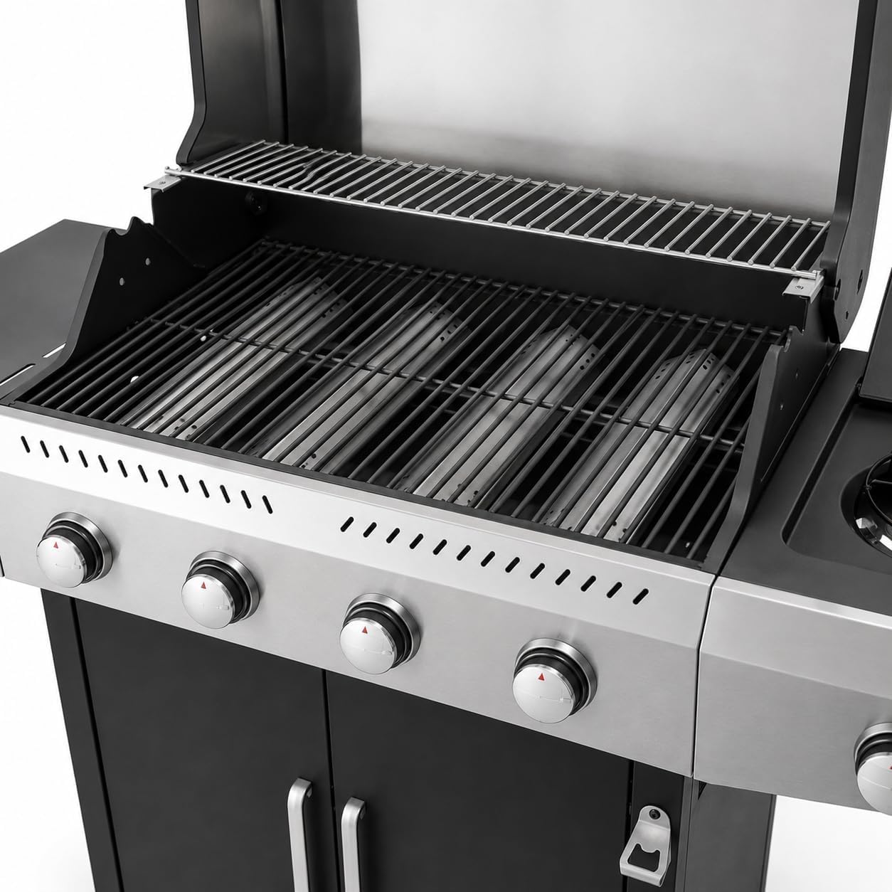 Barbecue a Gas Professionale XXL Da 16 kW con 5 Bruciatori in Acciaio Inox 304 Con Fuoco Laterale Termometro Coperchio Doppio Griglia Di Cottura 67 x 42 Cm E Ruote 137 × 50 × 120 Cm Nero