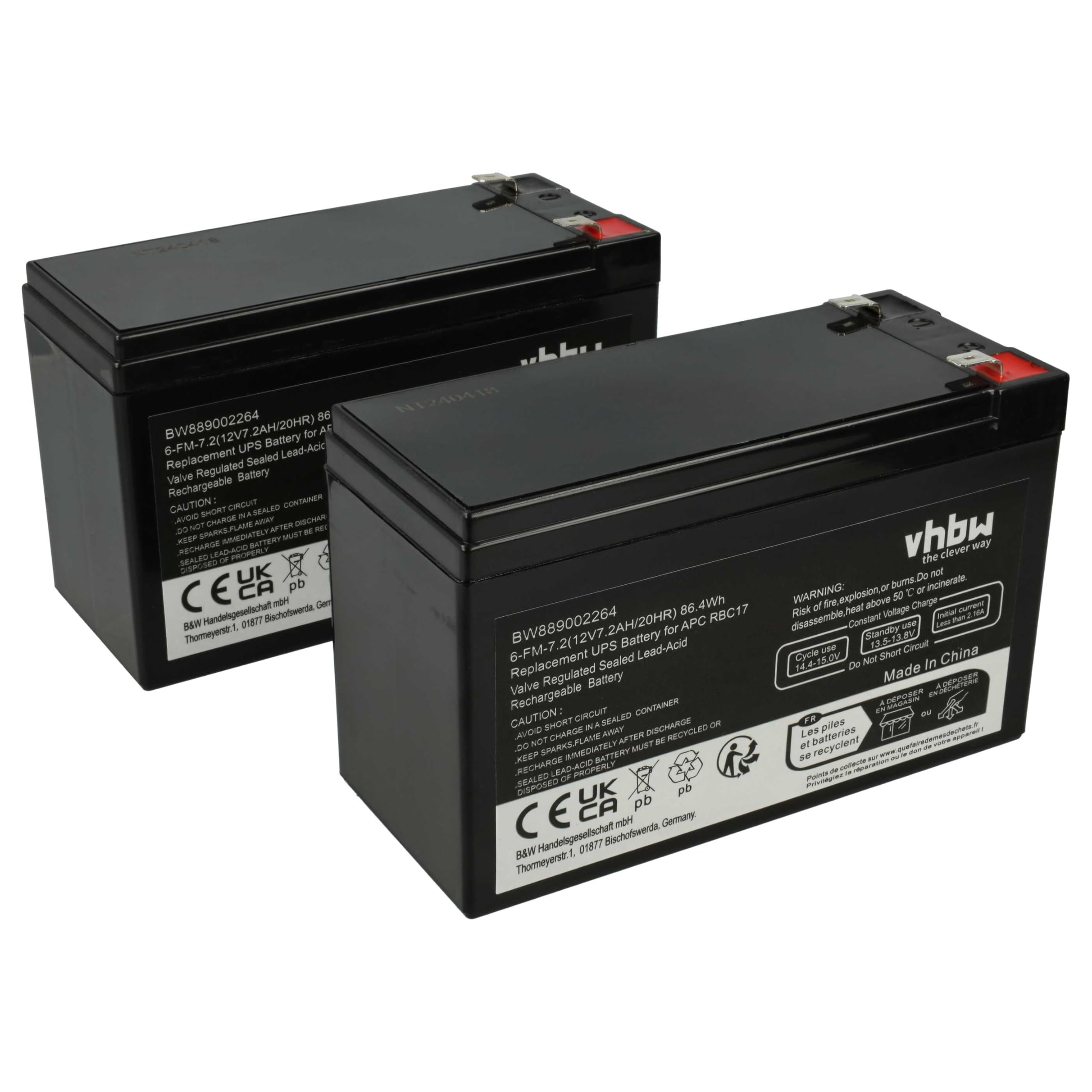 vhbw 2X Akku Ersatz für APC RBC48 für USV (7200 mAh, 12 V, AGM)
