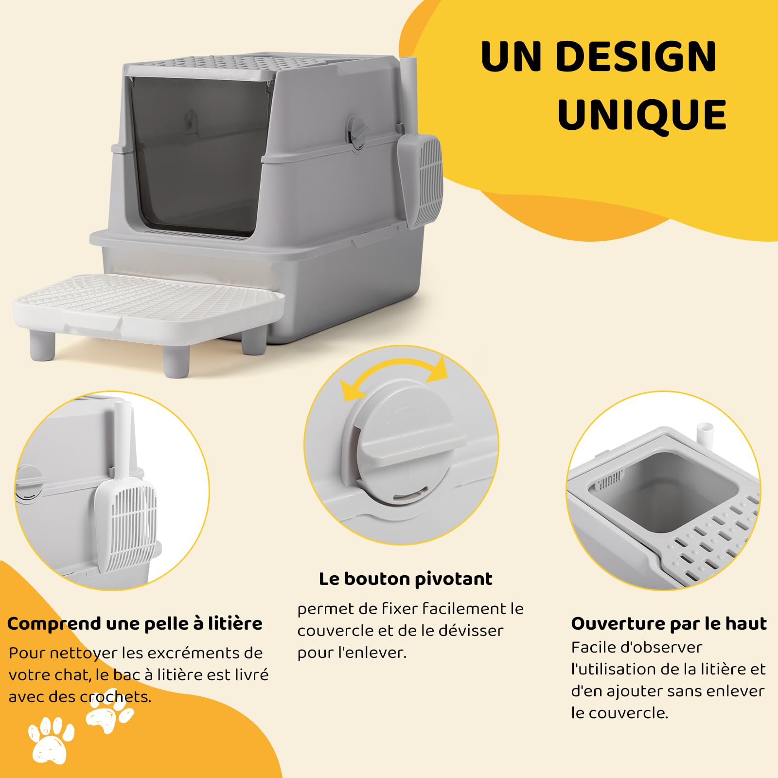 LEADZM - Bandeja de basura para gatos (60 x 40 x 46 cm, acero inoxidable, tapa extraíble, pala y alfombra de suelo, incluida, color gris