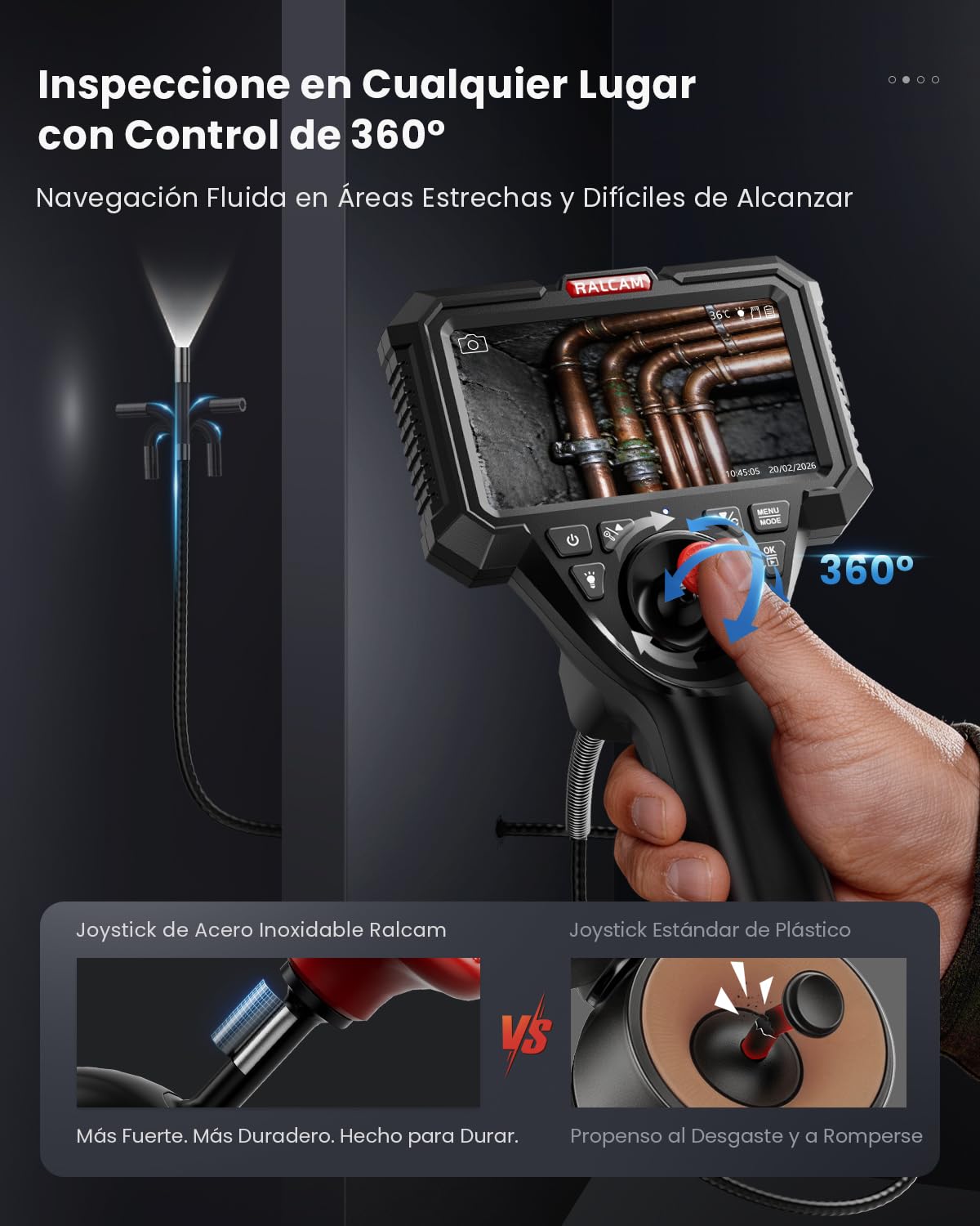 Ralcam Cámara Endoscópica Industrial con Cable de Serpiente Reemplazable, Pantalla HD de 5", Sonda Articulada 4 Vías y Joystick SUS304, Cámara 6,2 mm, Cable Impermeable, 1,5 m para Autos y Tuberías