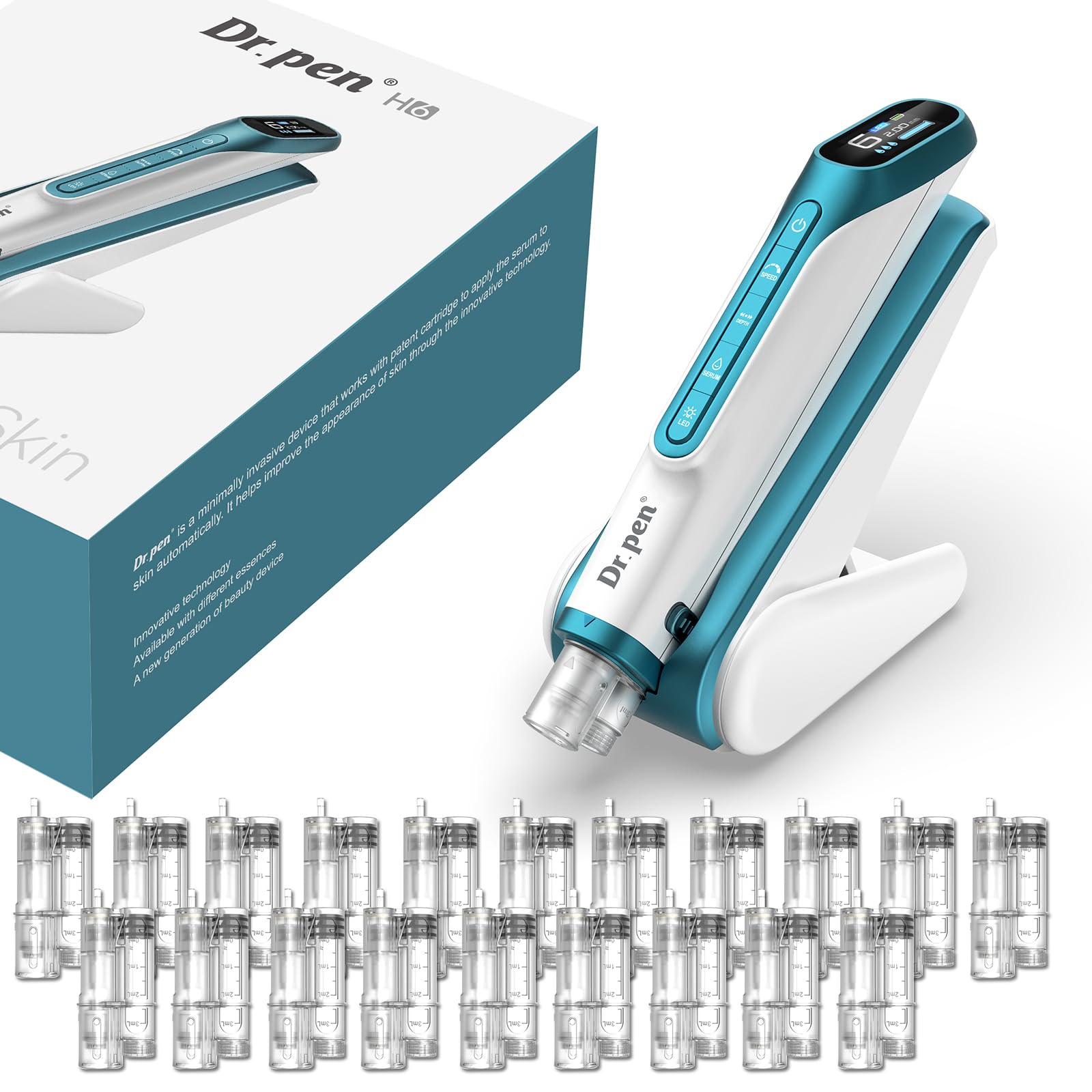 Dr. pen H6 Lápiz de Microneedling Inalámbrico, Dispositivo con Infusión de Sérum y Control Inteligente, Pantalla LED, 6 Velocidades y Profundidad Ajustable 0–2,0 mm, Cuidado Facial Casa o Salón, Azul