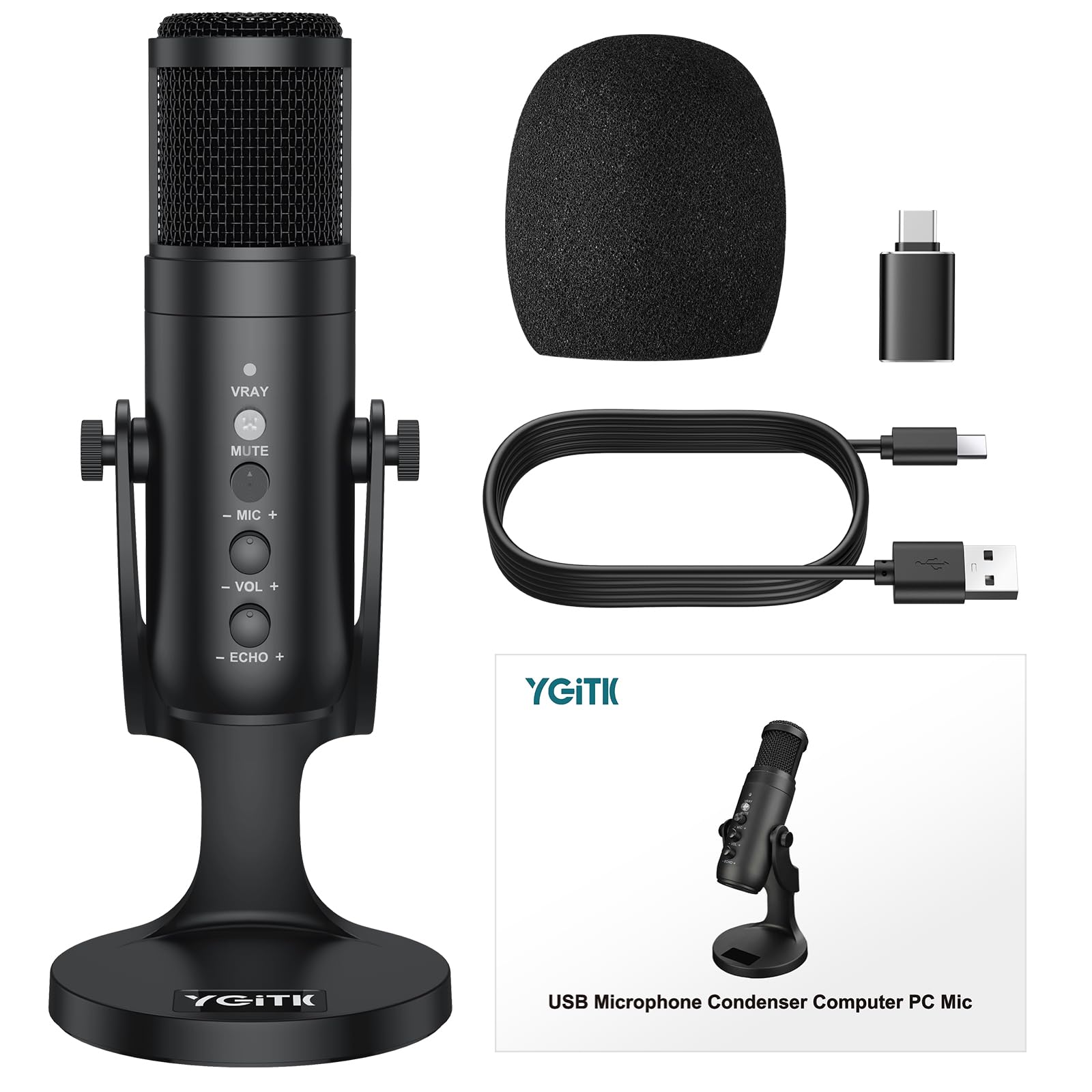 Microfono USB Professionale con Riduzione Rumore Intelligente & Base in Lega Antiscivolo - Compatibile PC/Smartphone per Streaming, Registrazione, Canto (Cuffia 3.5mm Inclusa)