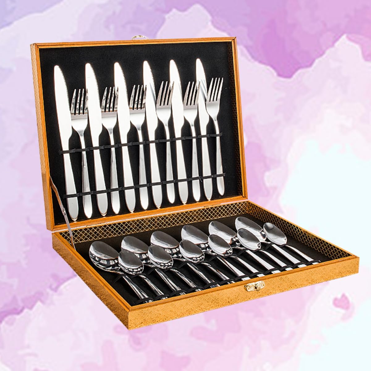 Unomor 24set Stainless Steel Dinnerware Golden Wooden Packaging Elegant Cutlery for Home Restaurant and Outdoor Use Dishwasher Safe for Weddings and Housewarming