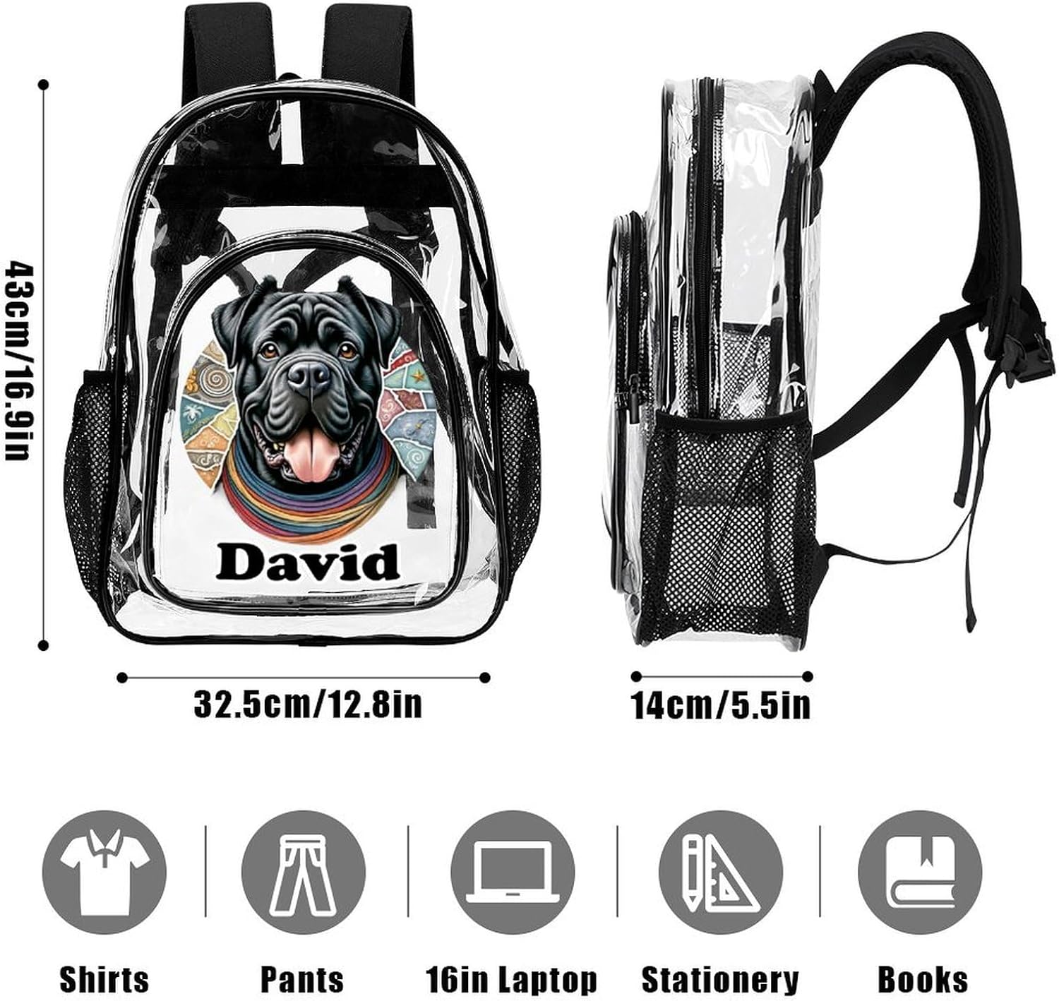 Clear Daypack for Kids Adults with Name Custom, Multifunctional Cool Bulldog Shar Pei Pug Transparent Backpack for College, Workplace, Personalized Back to School Gifts - Image 3