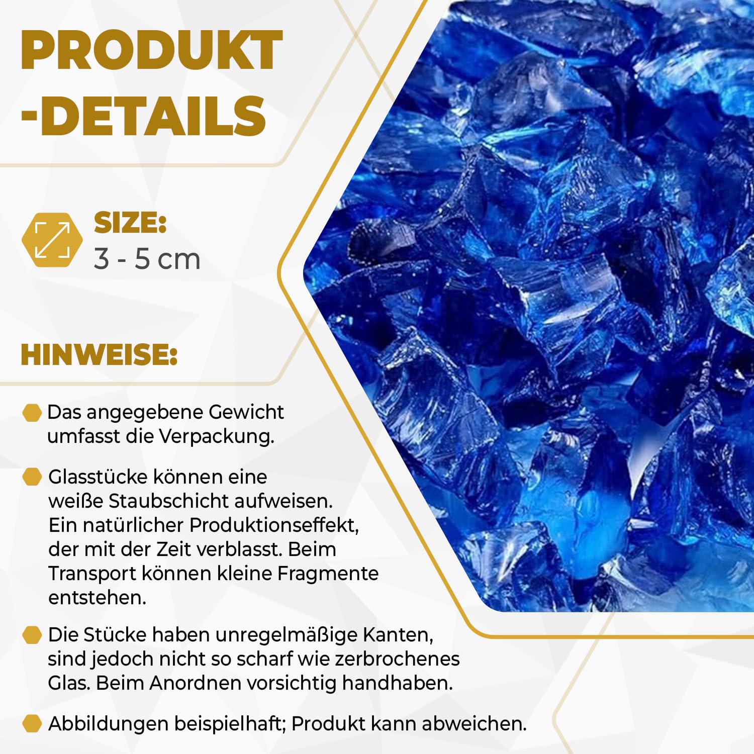 Glassteine Blau 10kg (3-5 cm) – Dekosteine Garten & Aquarium Deko Steine – Hochwertige Glasbrocken für Gabionen, Vasen & Blumentöpfe – Recyceltes Glas & Wetterfest(Blau, 10kg)