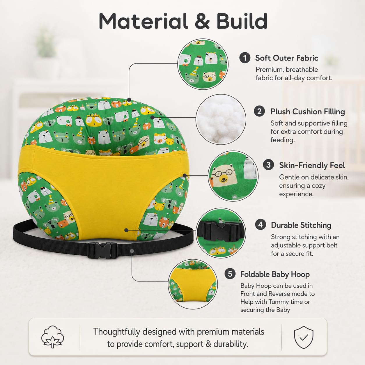 Kradyl Kroft 5in1 Baby Feeding Pillow with 100% Cotton Removable Cover | Breastfeeding Pillow | Nursing Pillow with Belt and Hoop (Green Panda) 3