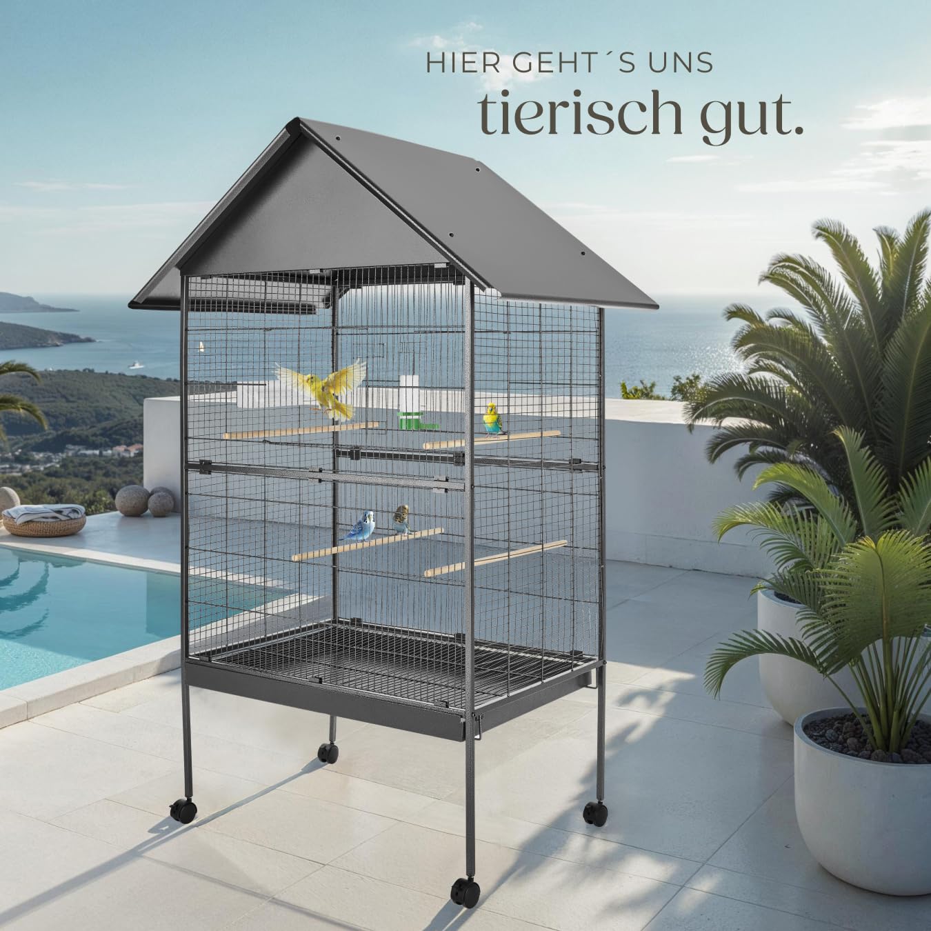 tectake® Vogelkäfig groß, Papageienkäfig mit Sandschublade, Voliere auf Rollen, Birdcage mit 4 Sitzstangen, Vogelvoliere mit Rollen, 85 x 60 x 168 cm, Nymphensittich Käfig, Vogelkäfig Wellensittich