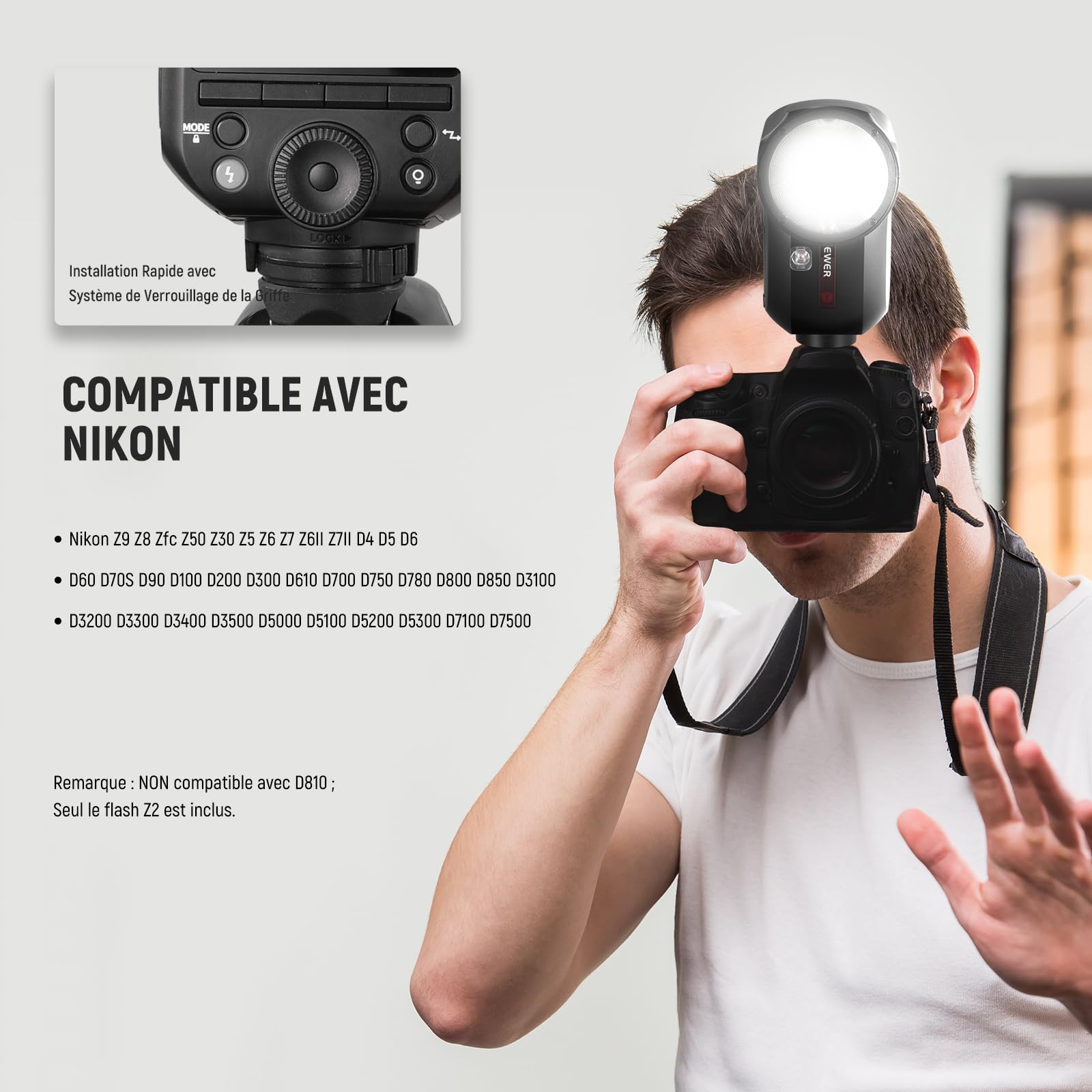 NEEWER Z2-N 2,4G TTL Flash Speedlite à Tête Ronde Compatible avec Nikon Caméra,600 Flashs Pleine Puissance,3000mAh,76Ws,1/8000s HSS,2 Lampes Pilotes,Diffuseur Lumière,Bouton TTL/M pour Système Q 2,4G