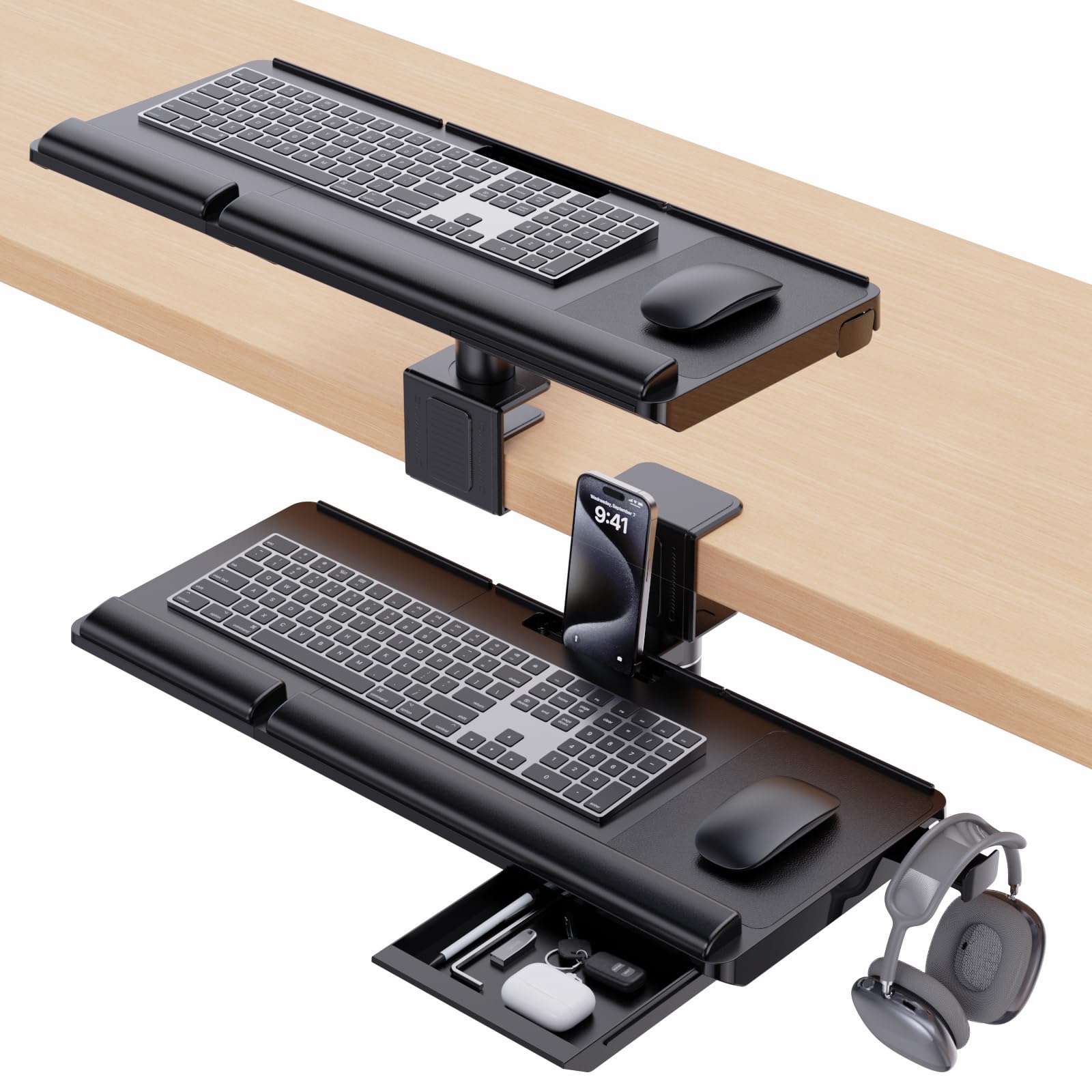 工匠藤井 キーボードトレイ クランプ式　人間工学 角度調節 キーボードスライダー Amazon | 【引き出し付き】工匠藤井 キーボードトレイ クランプ式 机上