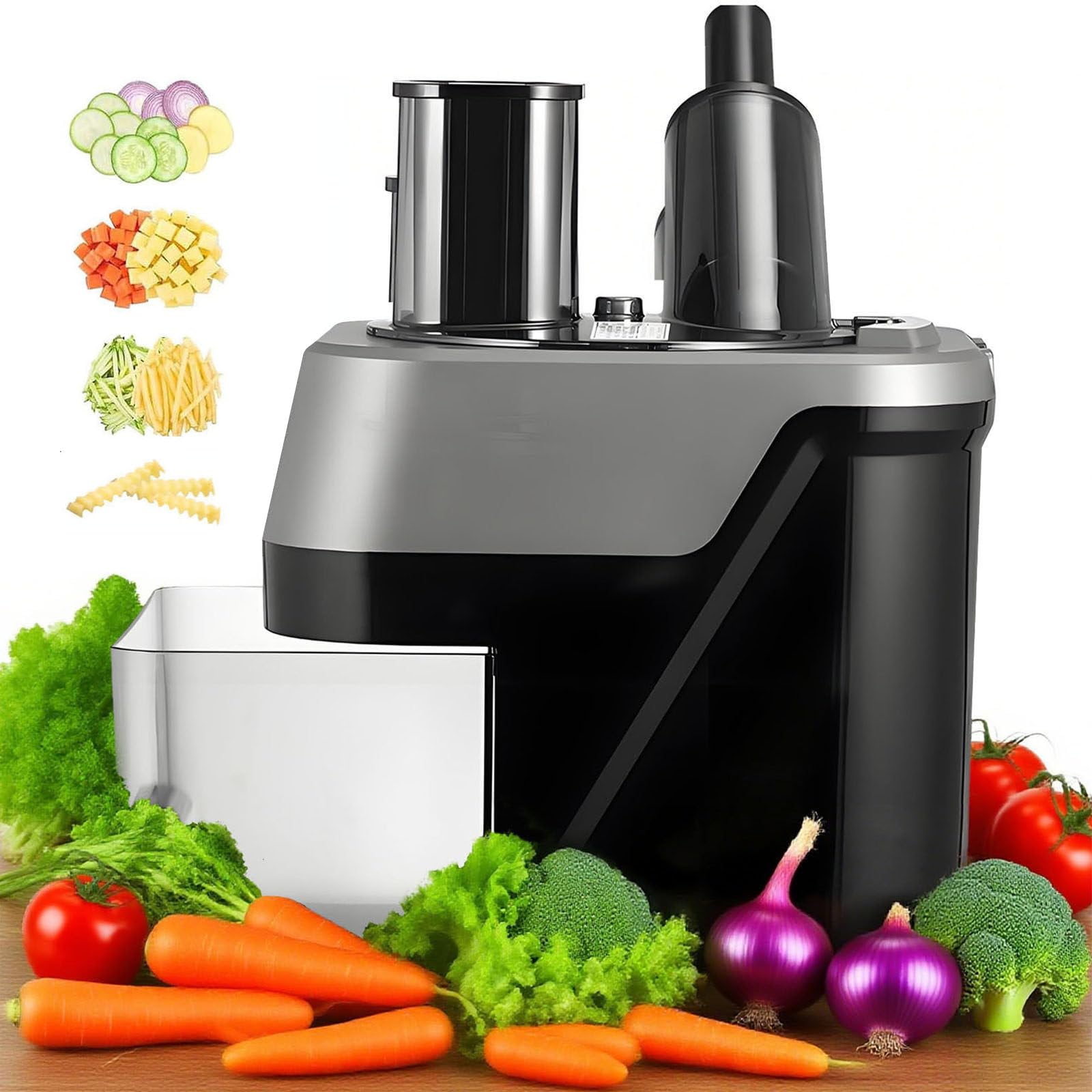 Cortador De Verduras Electrico 4 En 1, Procesador De Alimentos, con Doble Puerto De Alimentación, Multifuncional Cortador Verduras, para Cebolla, Patata Y Repollo con 4 Cuchillas