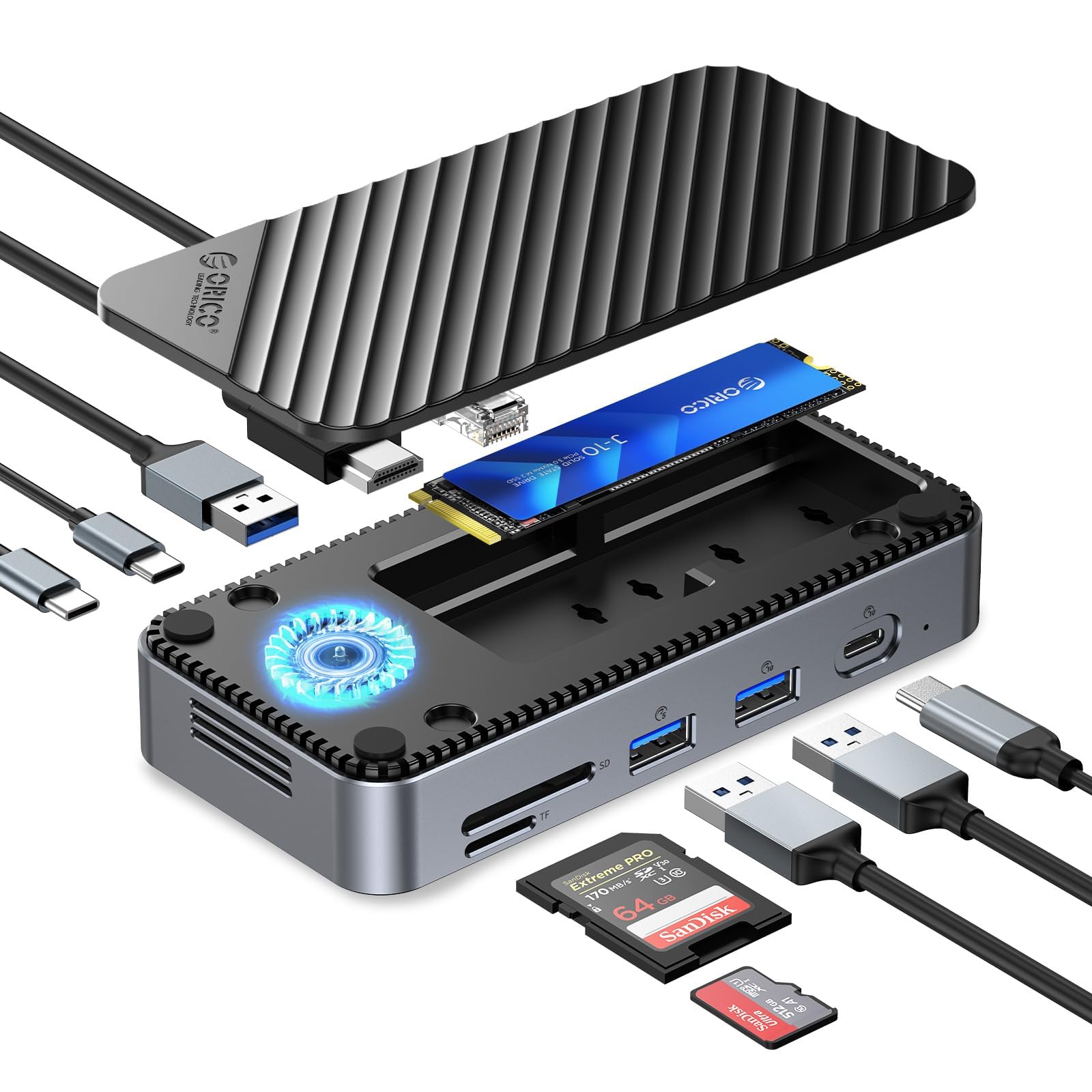 ORICO Stacja dokująca USB C 10 w 1 z blokadą M.2 SSD i aktywną dmuchawą chłodzącą – 10 Gb/s USB 3.2 Gen2, obsługa 4K HDMI, 100 W PD, SD/TF, Gigabit LAN DPM2P9