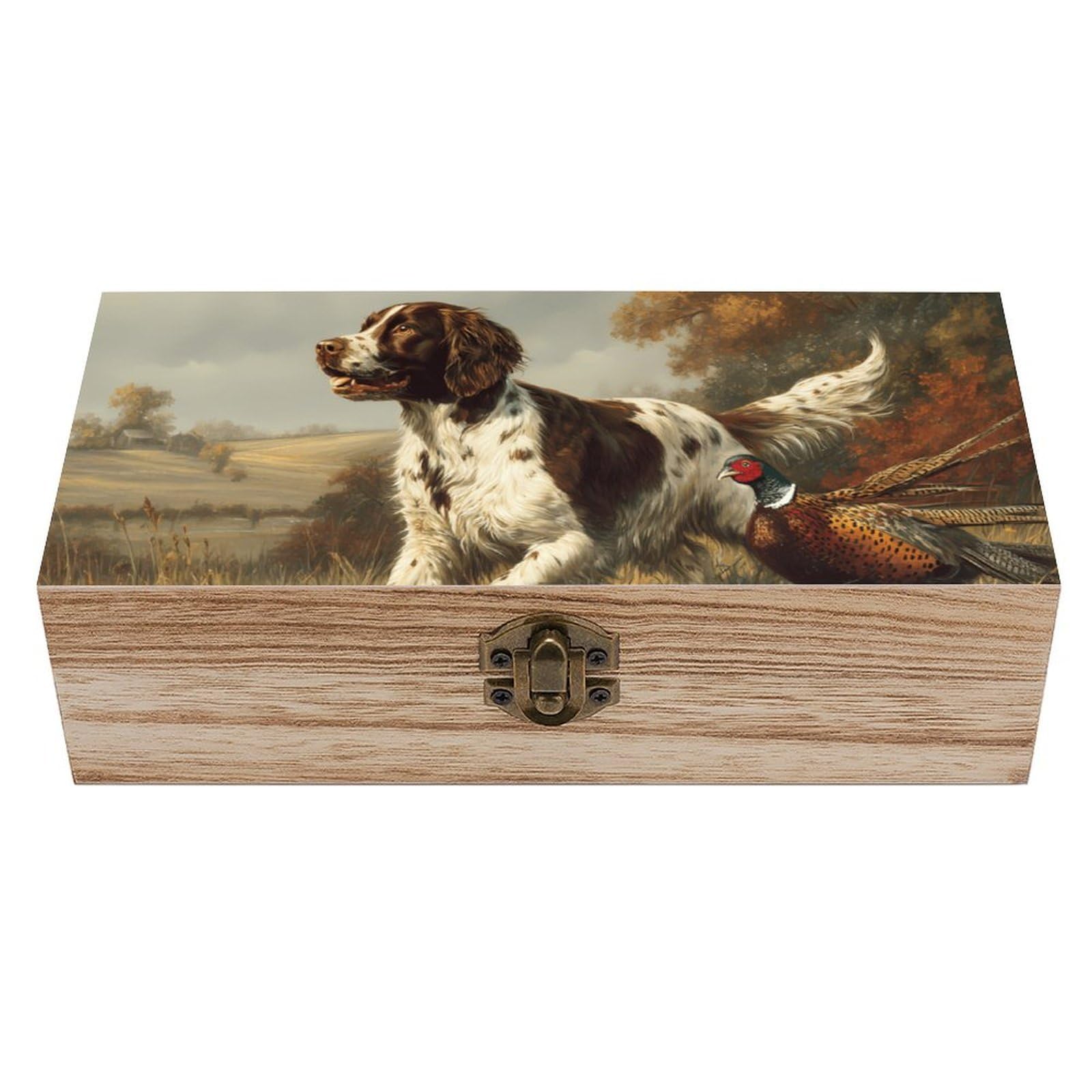 Cgsbngha Style Springer Spaniel Dog Pheasant Hunting Wooden Storage Boxes With Lid Memory Box Decorative Organiser For Office And Home