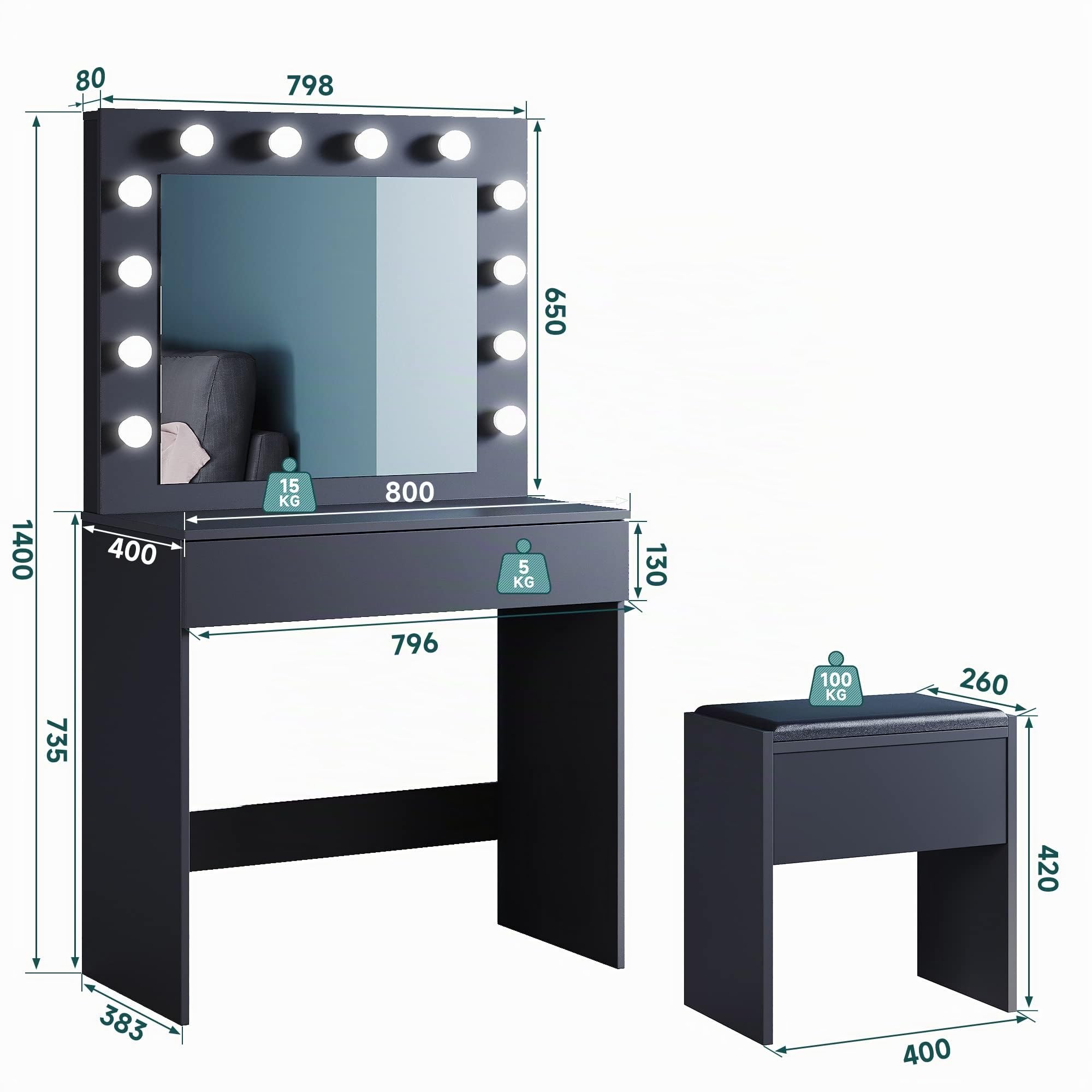 SONNI Große Schminktisch mit Hocker Spiegel 12 LED Frisiertisch 80x40x140cm
