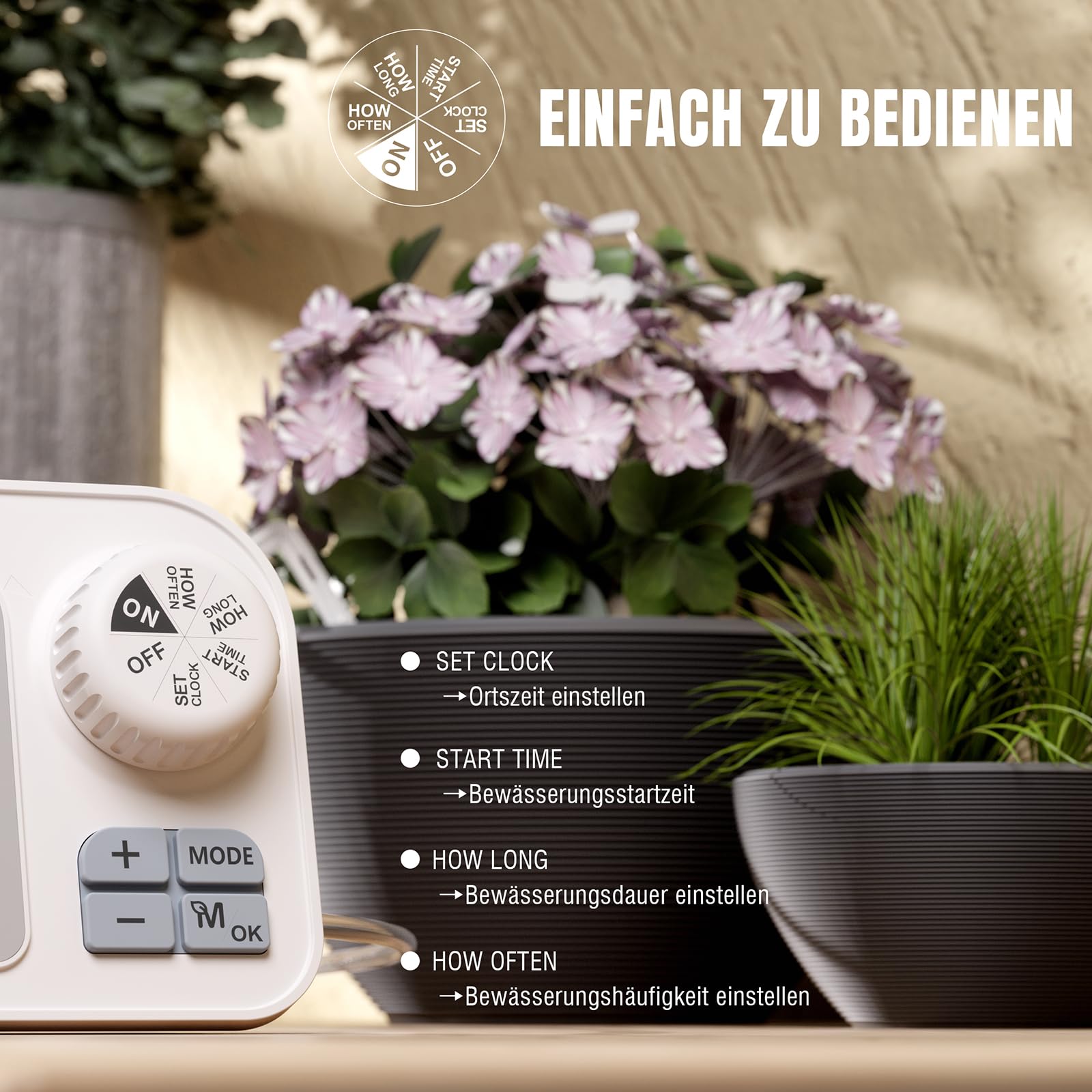 Raddy WS-7 Solar-Automatische Bewässerungssystem, IPX7-Wasserdichtigkeit, Bewässerung für 15 Topfpflanzen, mit Bodenfeuchtigkeitserkennung, 2600-mAh-Akku, Großes Display für Innen Außen, Balkon