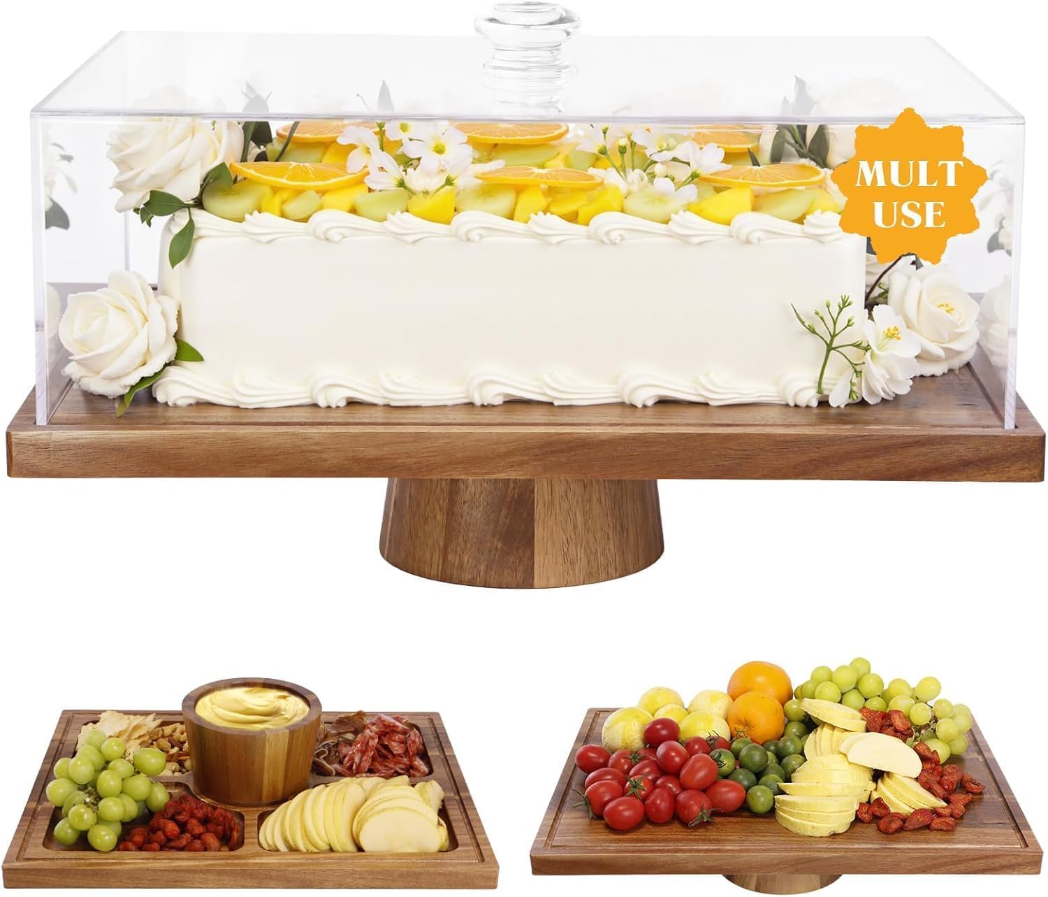 Présentoir à gâteaux rectangulaire en bois d'acacia de 43 cm avec couvercle - Plateau de service et présentoir à desserts 2 en 1, dôme à gâteaux en acrylique incassable (43 cm)