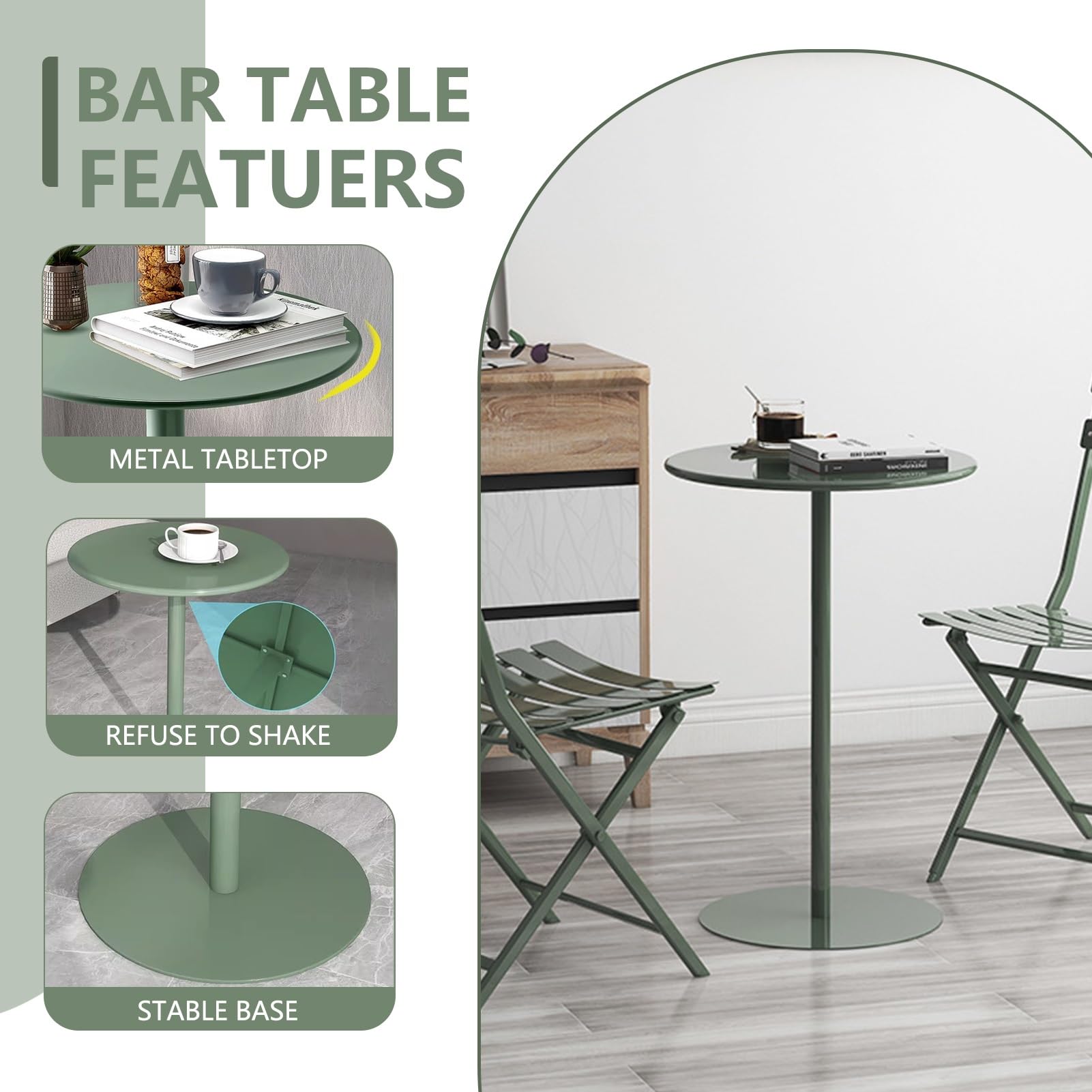 Wysoki stolik barowy Stolik kawowy Okrągły stolik koktajlowy Bistro z metalową podstawą, mały stolik boczny do sofy, stolik końcowy na balkon w salonie, zielony (Size : 40x40x50cm)