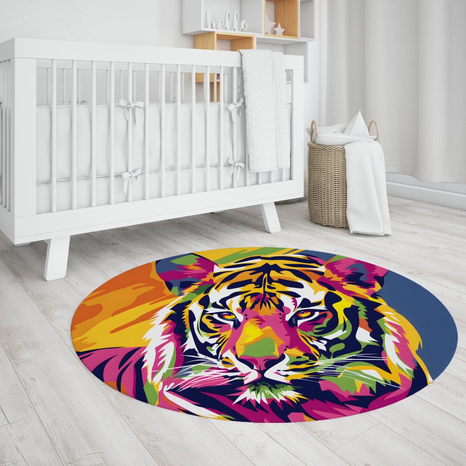 Tapis rond animal tiger pop art 140cm lavable et antidérapant pour chambre