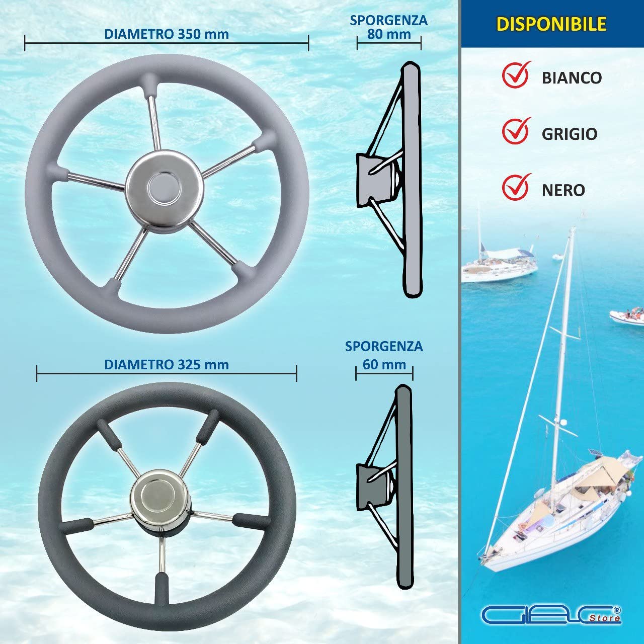Glac Store® Volante Timone Nautico Bianco Grigio Nero per Barca a 5 razze in Acciaio Inox Impugnatura in Poliuretano Diametro Ø 32,5 35 40 cm (Diametro 32,5cm GRIGIO)