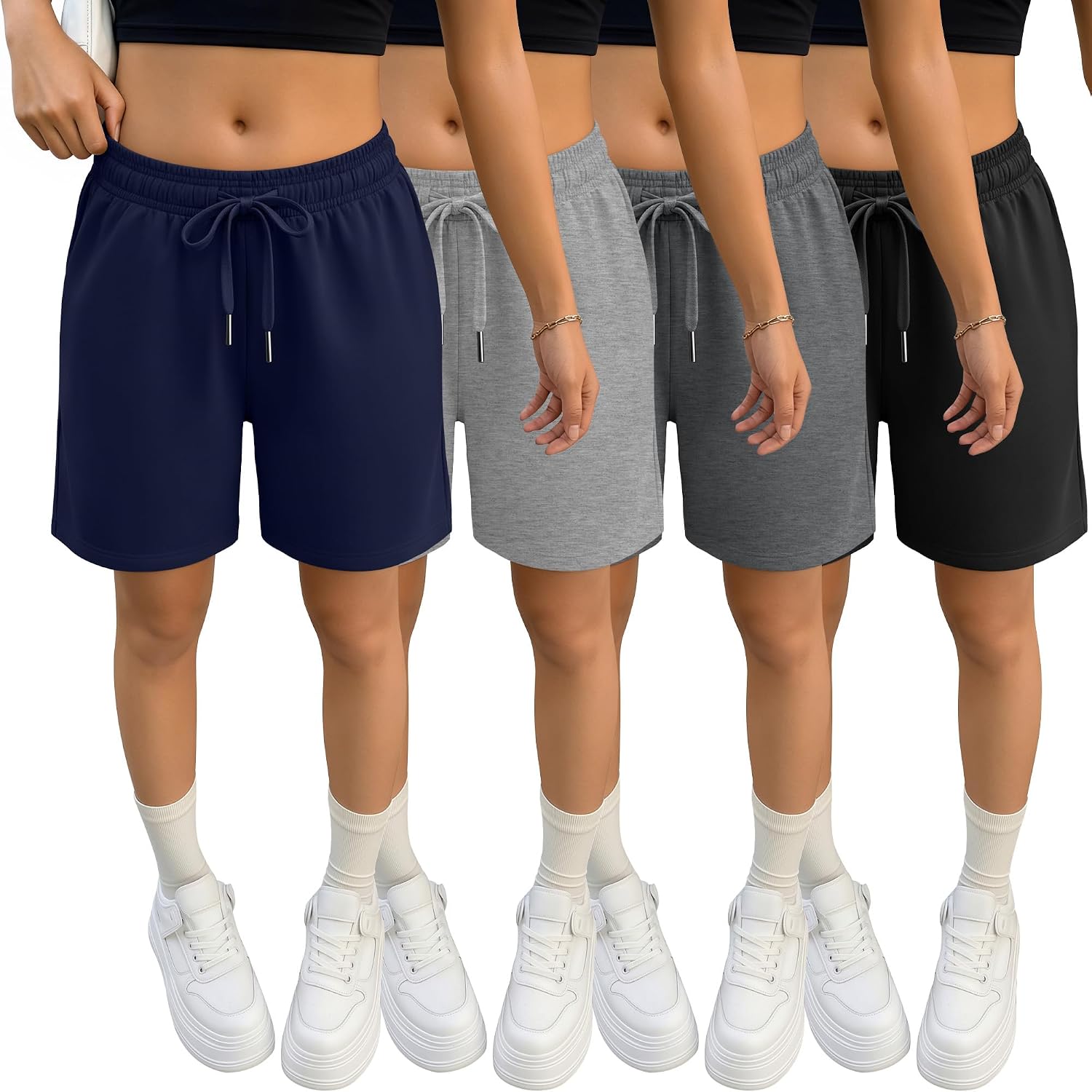 Halfchet 4 Pack Girls' Shorts Summer Athletic Elastic Waist Drawstring Active for Kids Youth Teens with Back Pocket
