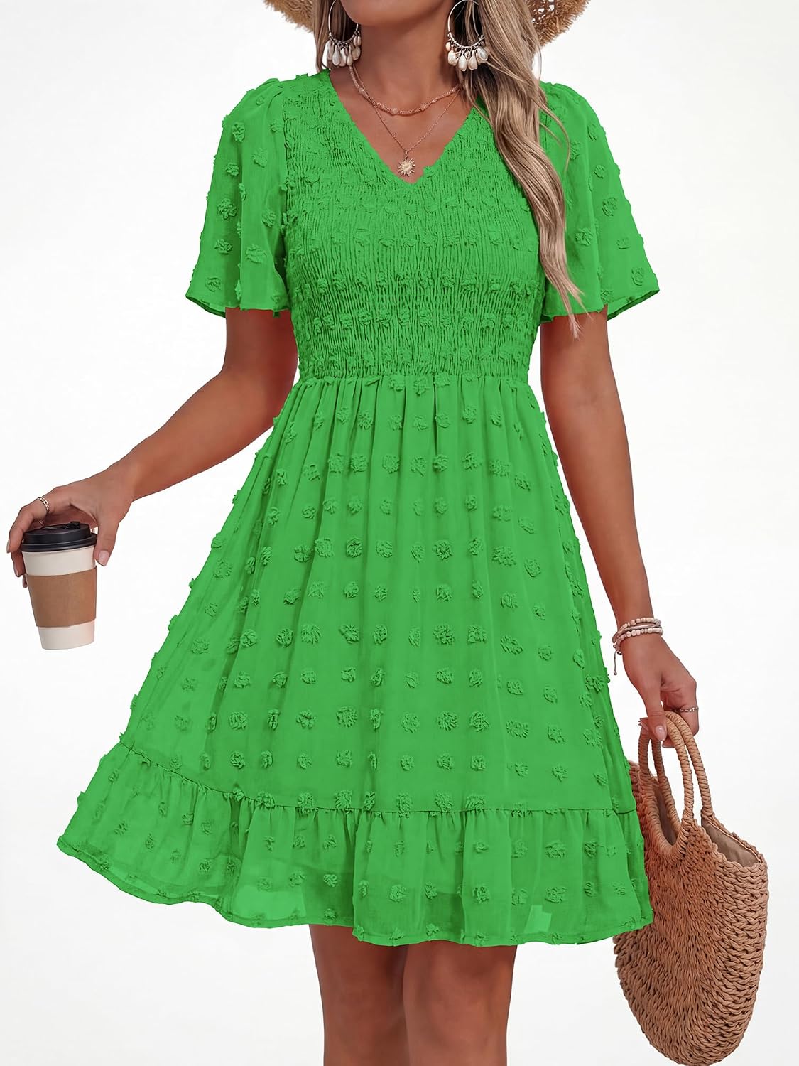 BTFBM Women's V-Neck Swiss Dot Smocked Waist Mini Summer Dress — view 4