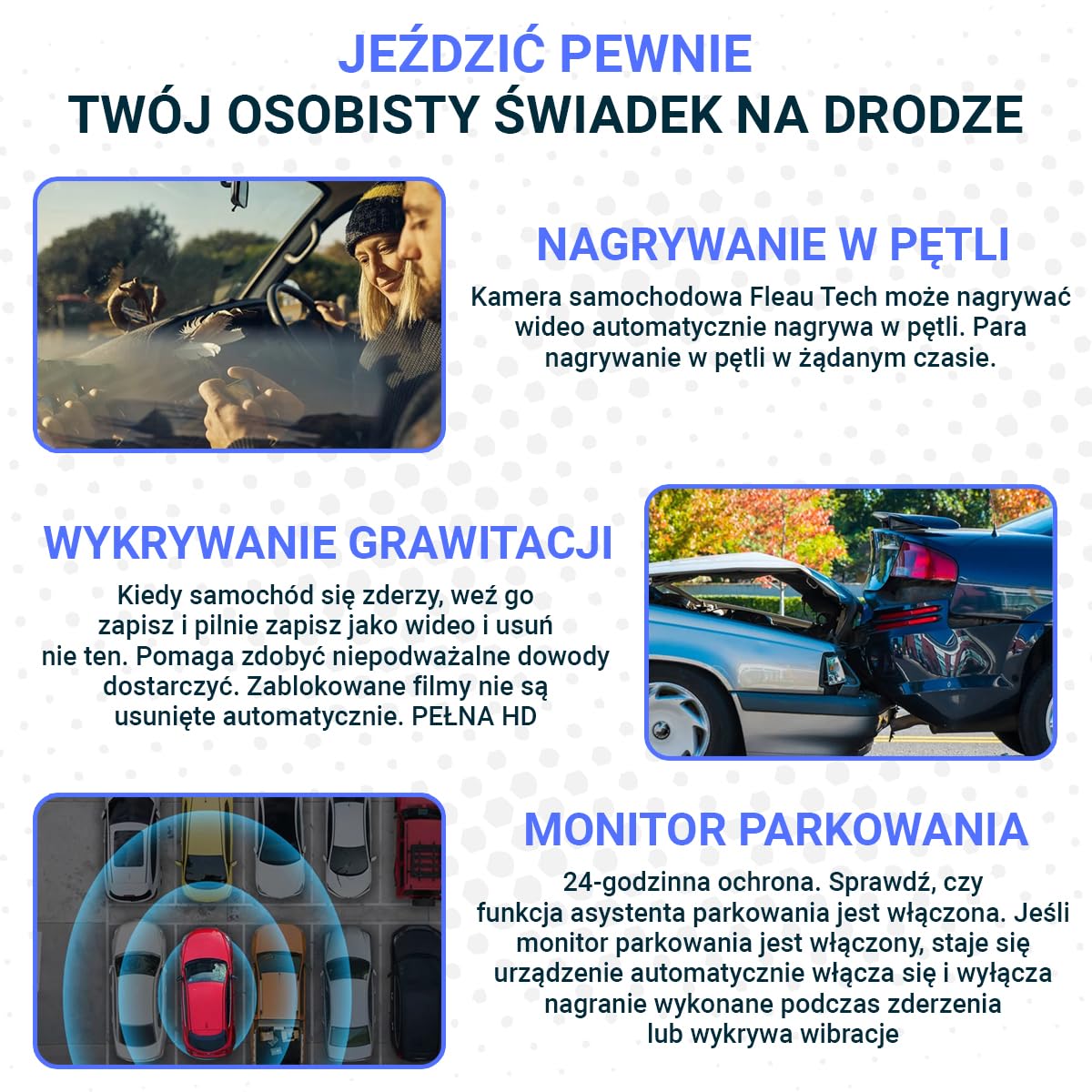 Fleau Tech Dashcam do samochodu - Zawiera WIFI i aplikację - Rejestrator jazdy z podwójnym obiektywem - Detekcja ruchu i tryb parkowania - Czujnik G - Full HD - Obiektyw szerokokątny 170°