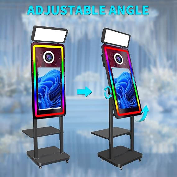 Latest Model 40in Magic Mirror Photo Booth with 21.5inch Touch Screen with Square Lamp, Mirror Photo Booth with Built-in Mini PC Social Media Share for Weddings, Parties (Black, Photo Booth)