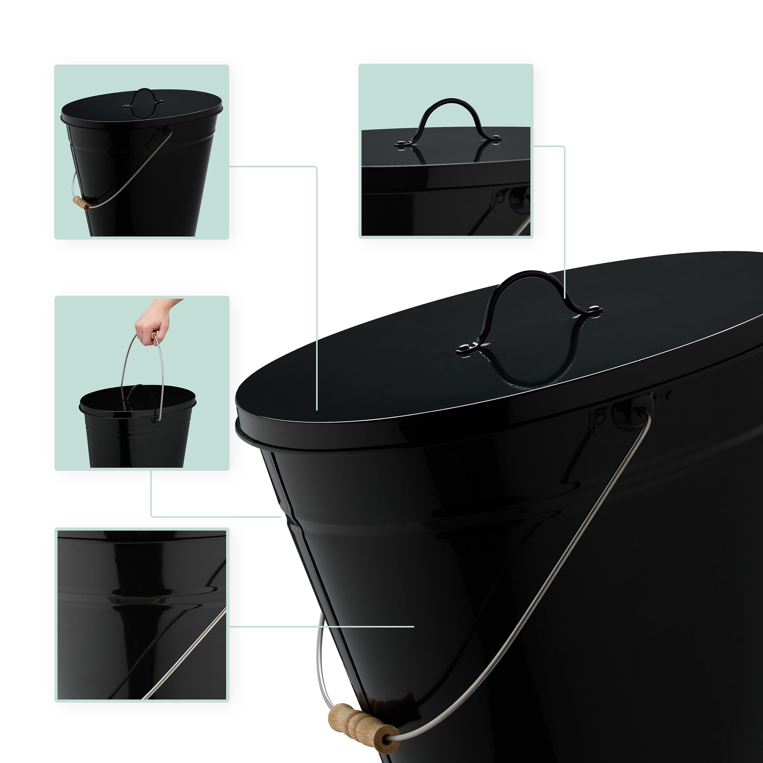 Relaxdays Secchio Raccogli Cenere con Coperchio, Cestello 12 L per Carbone e Bricchetti Camino e Stufa, Acciaio, Nero
