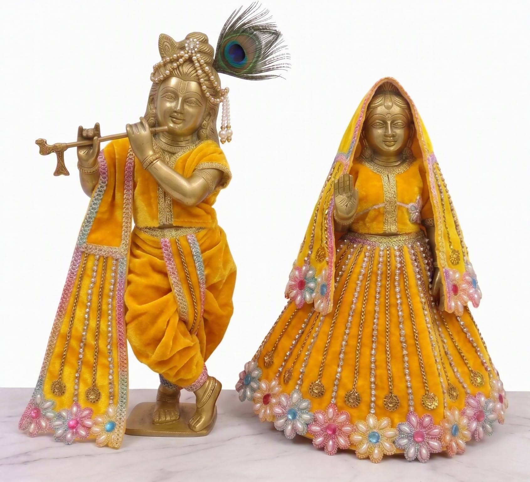 Radha-Krishna Matching Dresses, (Size 4-4 inch Lehenga/Dhoti Suits 7 inch Idol) Made of Velvet Cloth, Embellished with Pearls, Pack of 2 Poshaks (1 Krishna, 1 Radha Dress),Color-Yellow-image-12