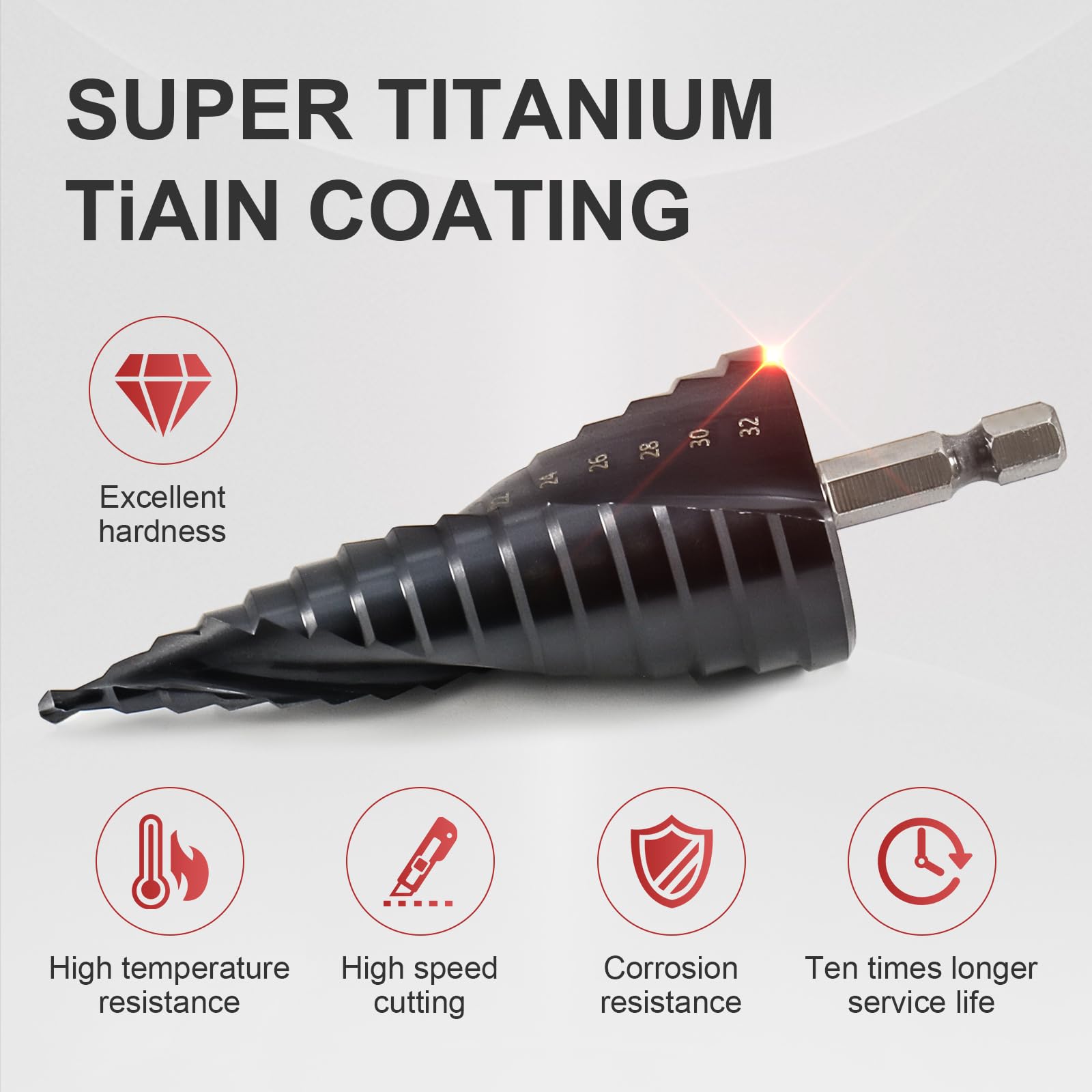 Broca Escalonada para Metal Ø 4-32mm, HSS M42 Broca Conica TiAlN Cobalto, con Vástago Hexagonal, Profesional 15 Pasos Doble Espiral Brocas para Acero Inoxidable, Metal Duro, Madera, Plástico