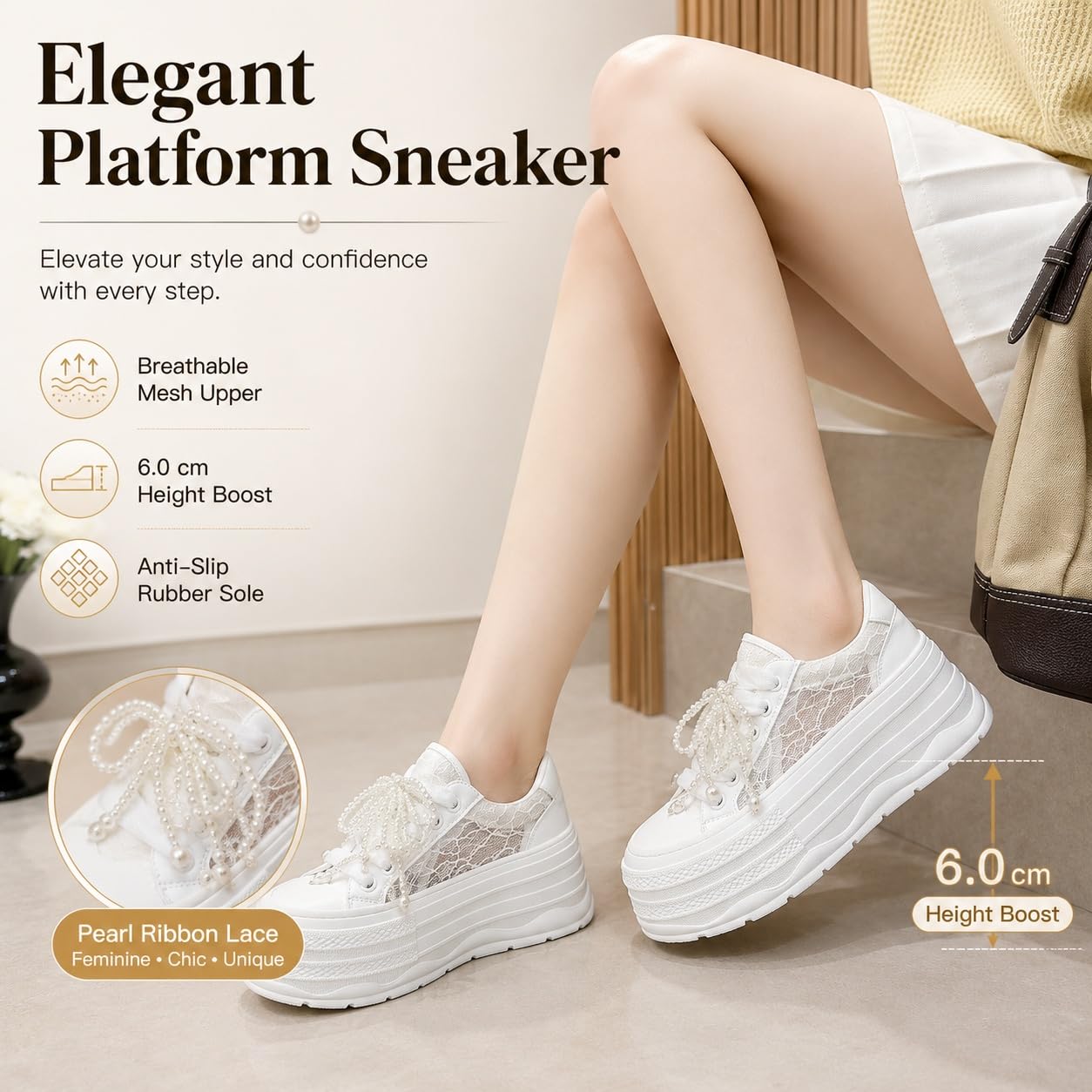 ENEN Zapatillas Mujer Encaje Perla