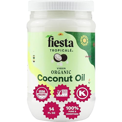 Fiesta Tropicalé Aceite de coco orgánico 100% natural, 14 onzas líquidas, aceite de coco virgen extra puro sin refinar, rico en MCT, prensado en