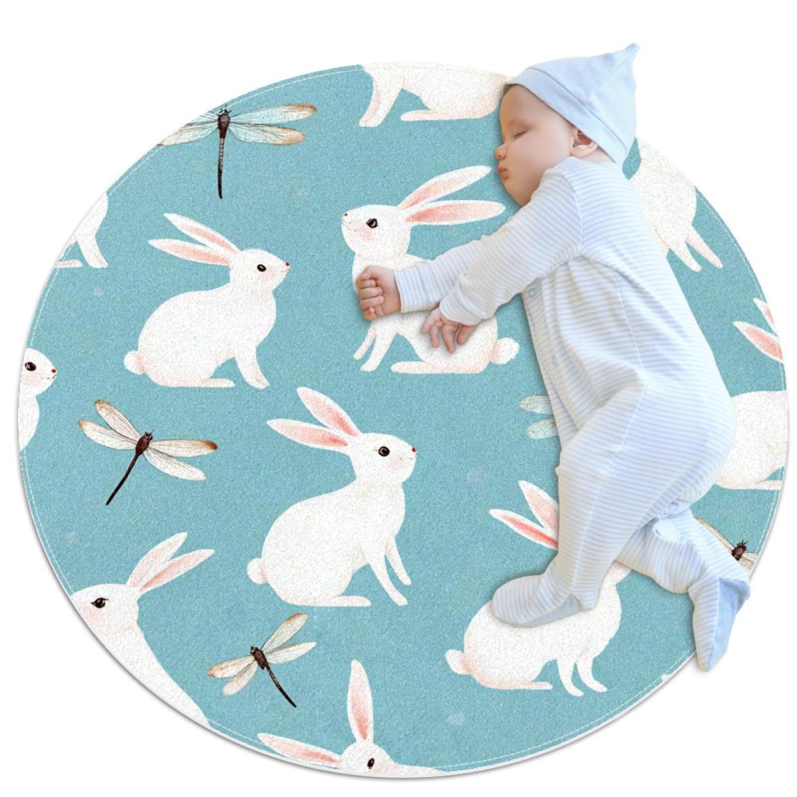 Tapis de salle de bain rond 1m motif lapins blancs et libellules