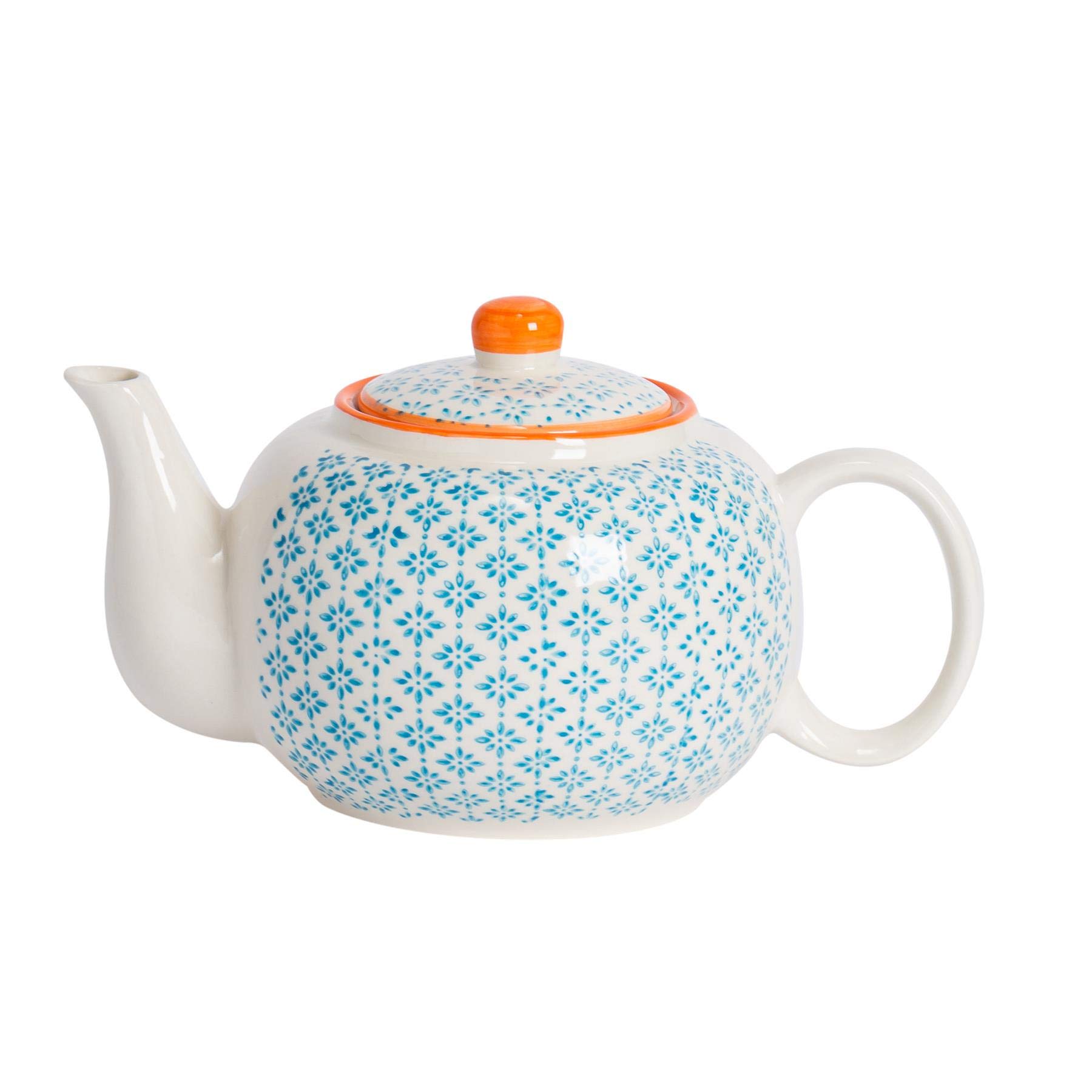 Nicola Spring Hand-Printed Teapot - 820ml - Orange Traditional Decorative Floral Pattern Stoneware Tea Pot with Lid Tableware Large Teapot for Tea, Milk