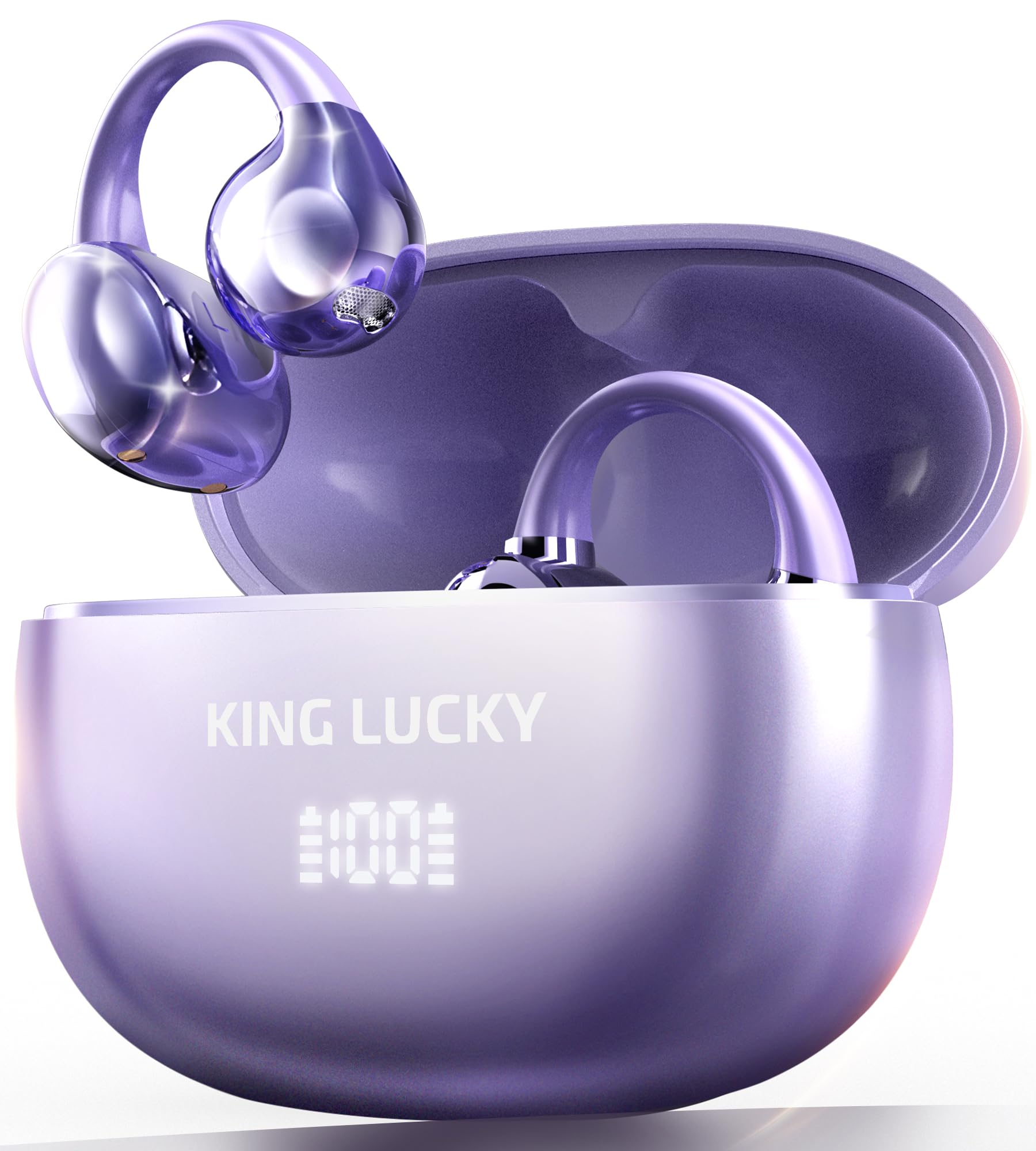 King Lucky Open Ear Earbuds Clip-On Bluetooth 6.0 Wireless Headphones with Digital Display, Mic, 50H Playtime, ENC Clear Calls, IPX5 Waterproof, Comfortable for Small Ears Sports Gaming (Purple)