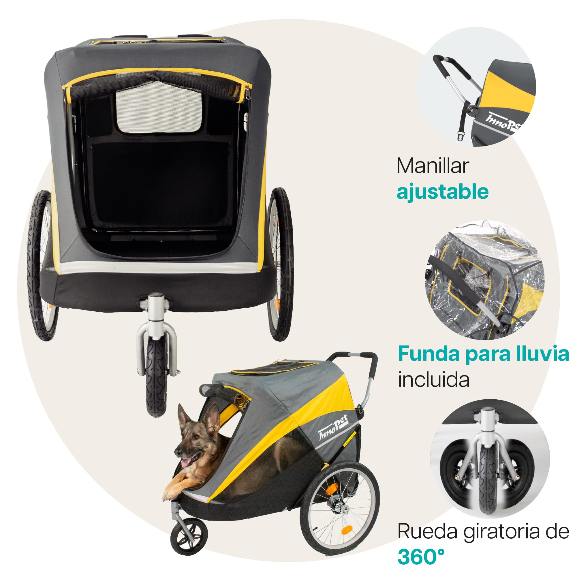 Innopet Hercules 2.0 Carrito para Perros Grandes (hasta 50 kg) - Amarillo/Gris. Incluye protector de lluvia, ruedas de 45 cm y montaje fácil sin herramientas