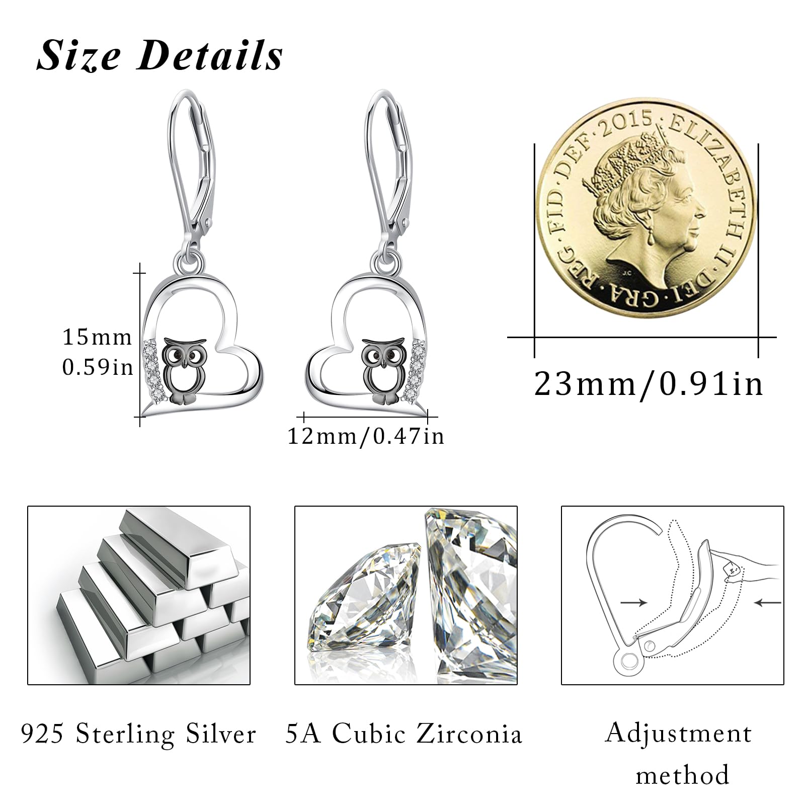 REDSUN Boucles d'oreilles hibou en forme de cœur en argent sterling 925 pour femme - Boucles d'oreilles pendantes en forme de chouette noire - Cadeau hypoallergénique pour filles, femmes, femmes